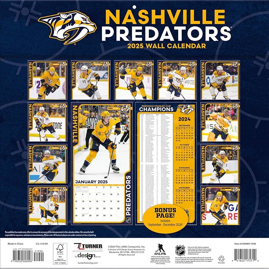 Amazon TURNER SPORTS Nashville Predators 2025 12x12 Team Wall Calendar 25998011946 Office Products