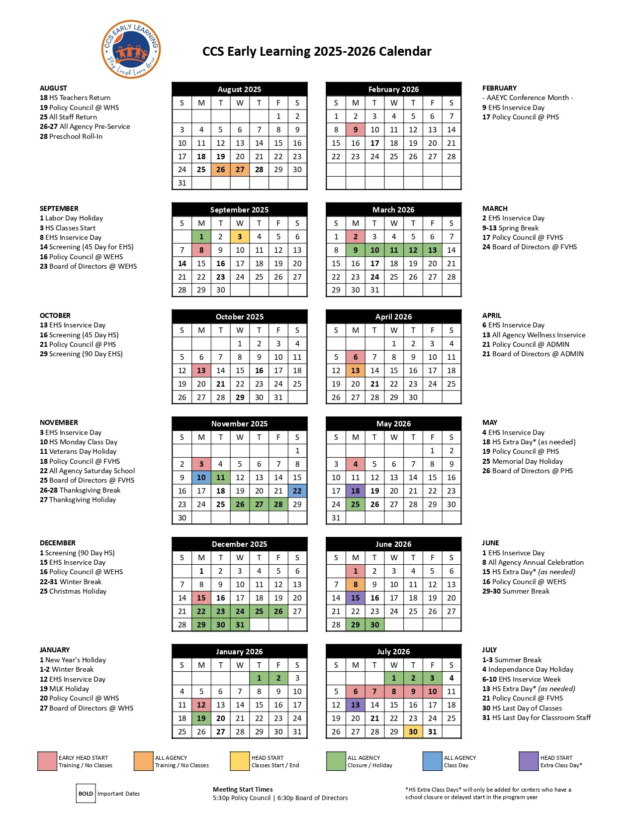 Annual Calendar CCS Early Learning Annual Calendar CCS Early Learning