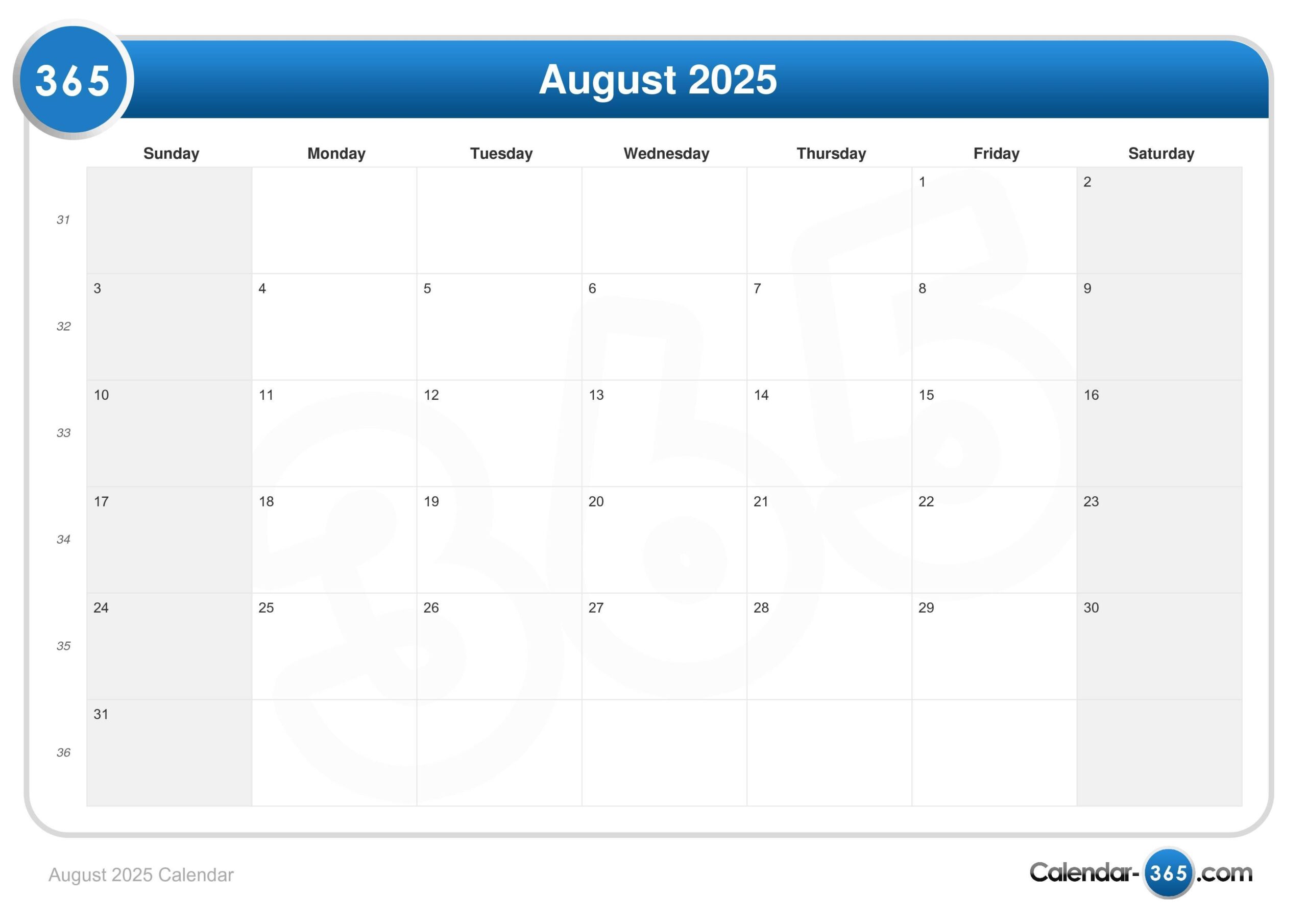 August 2025 Calendar August 2025 Calendar