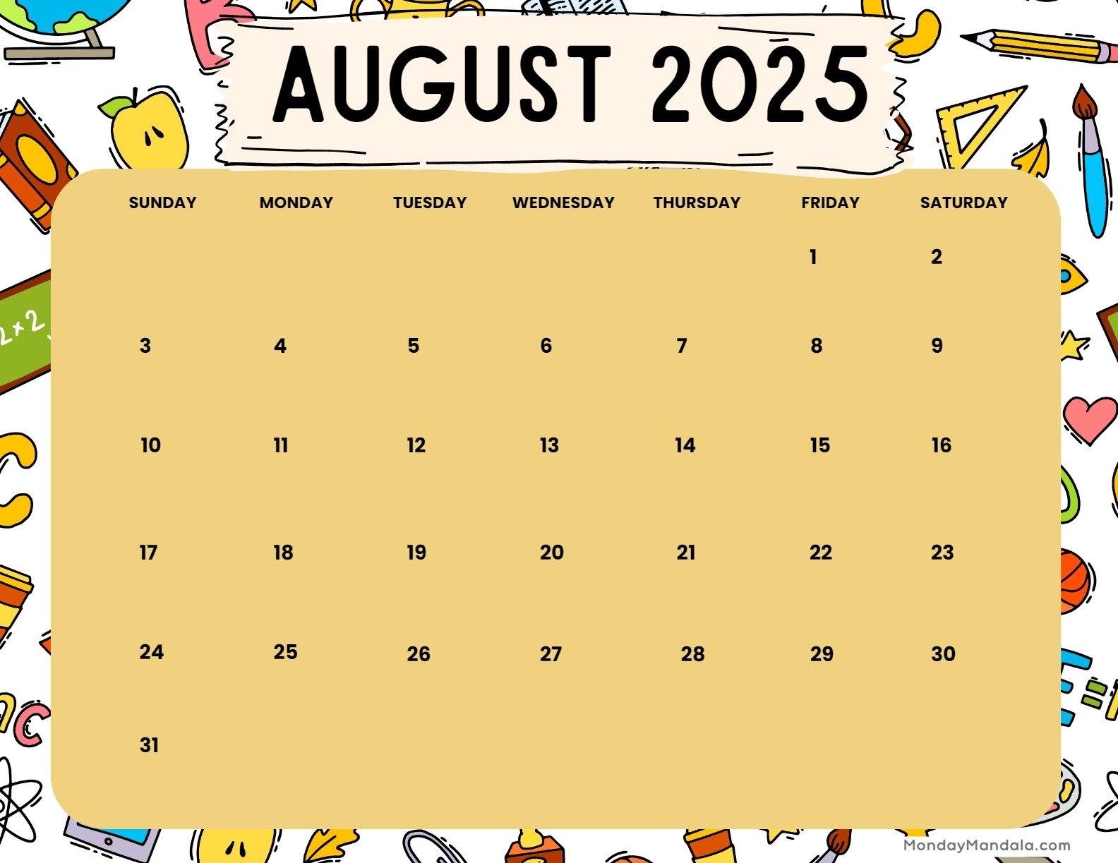 August Calendar 2025 Back To School