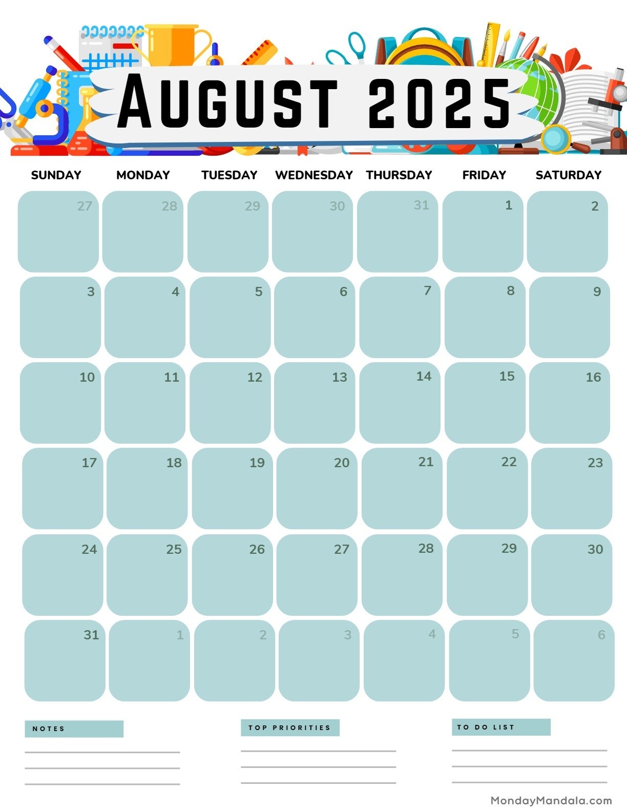 August Calendar 2025 Kids
