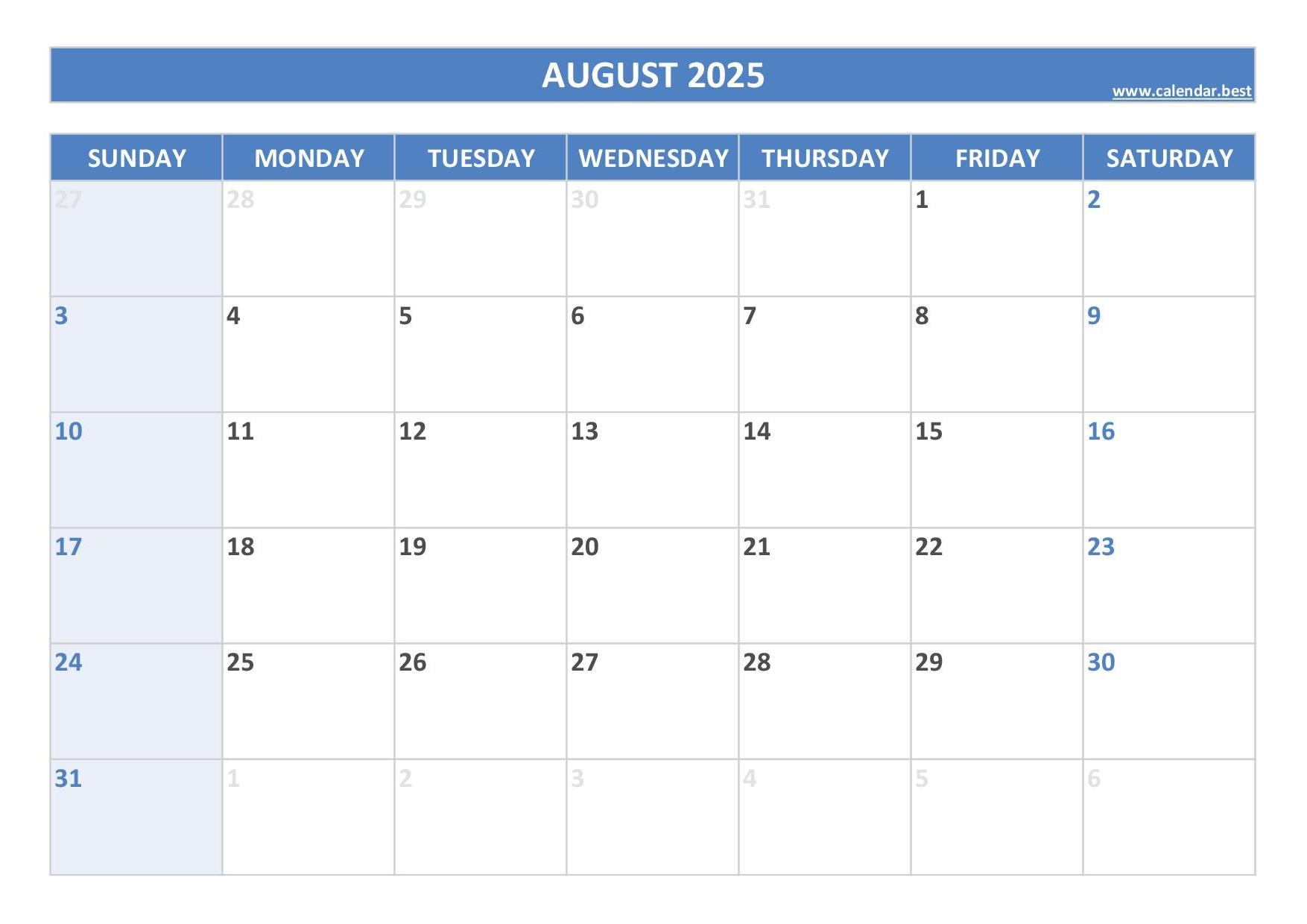 August 2025 Calendar Calendar best
