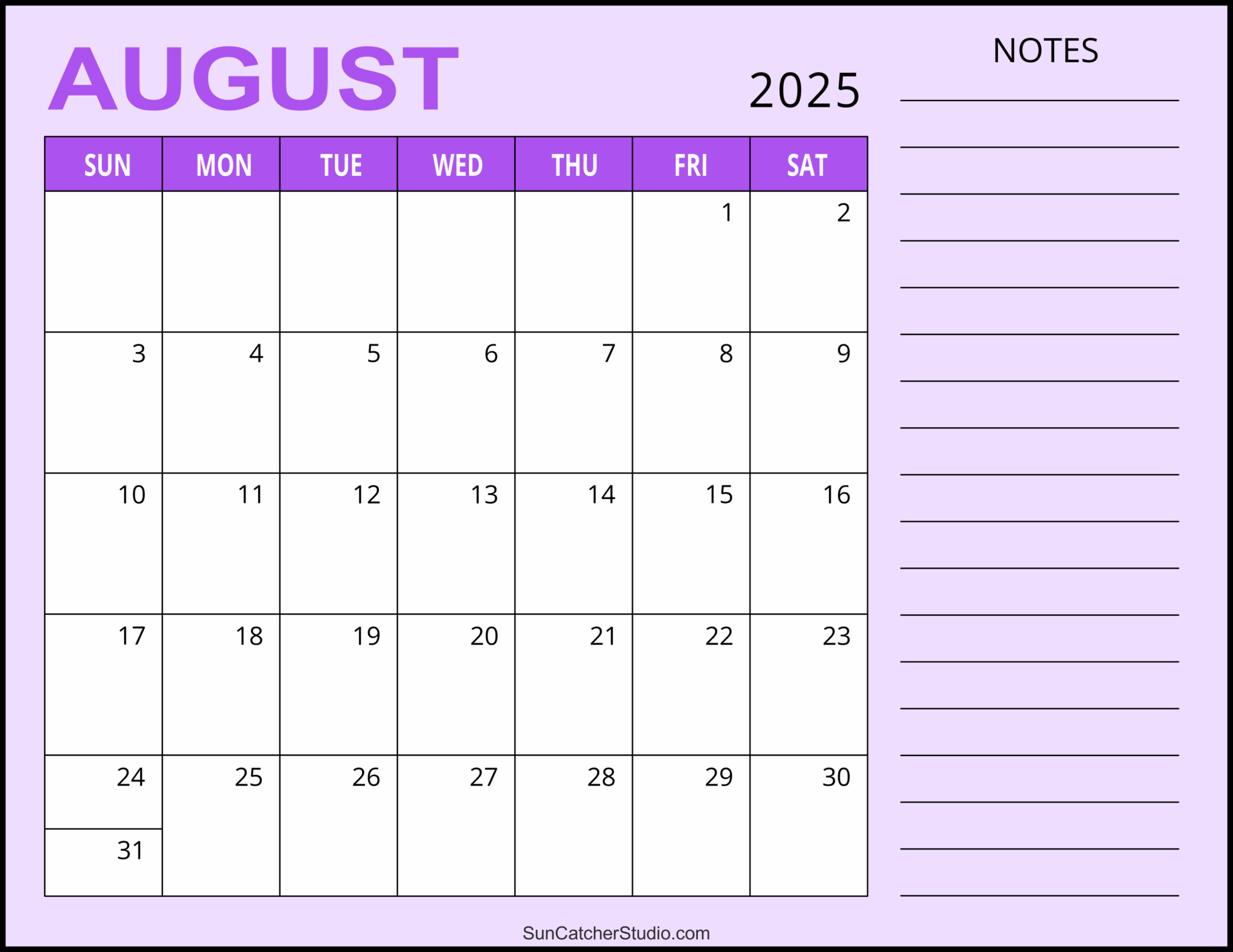 Blank Editable August 2025 Calendar