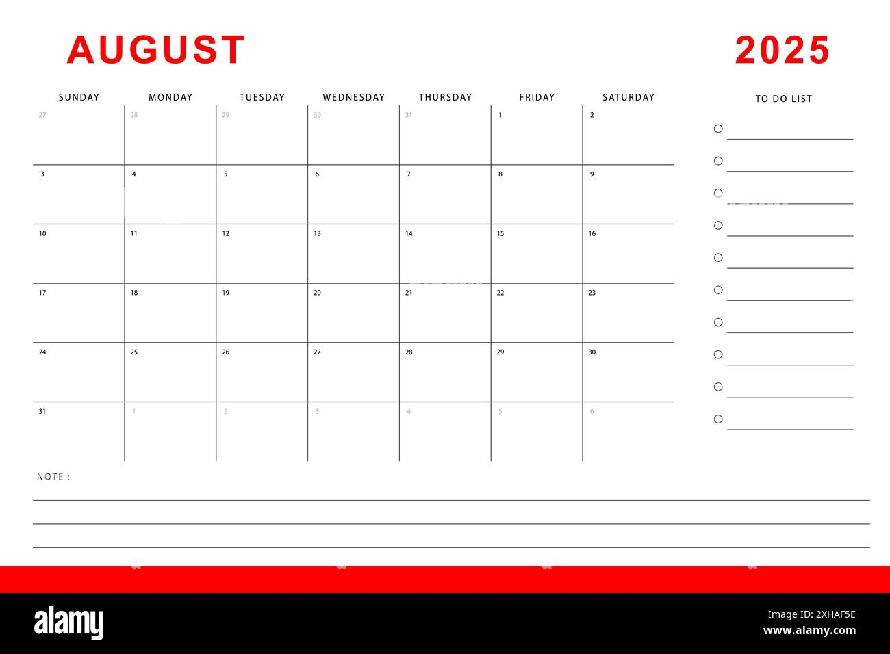 August 2025 Calendar Monthly Planner Template Sunday Start 