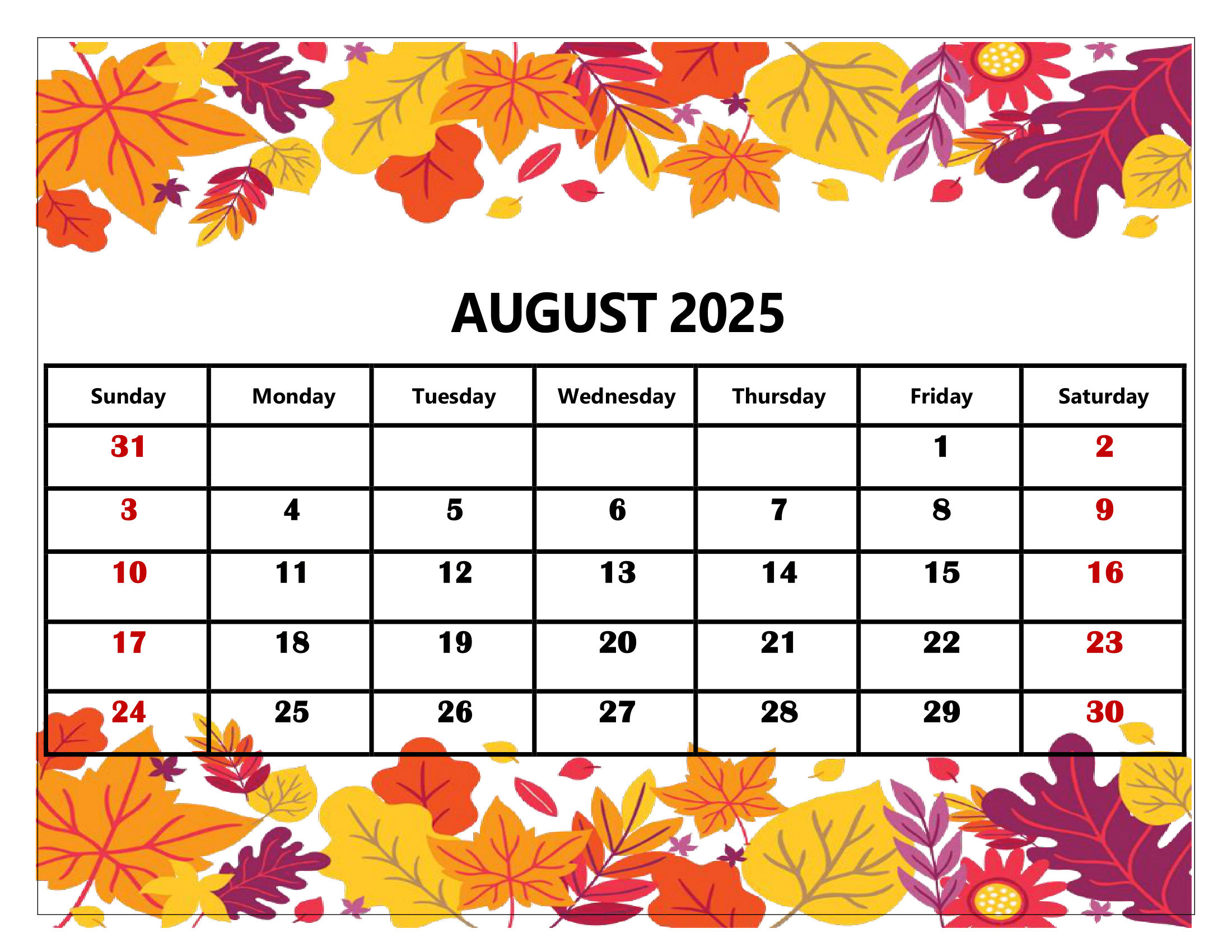 August 2025 Calendar Printable PDF Template With Holidays August 2025 Calendar Printable PDF Template With Holidays