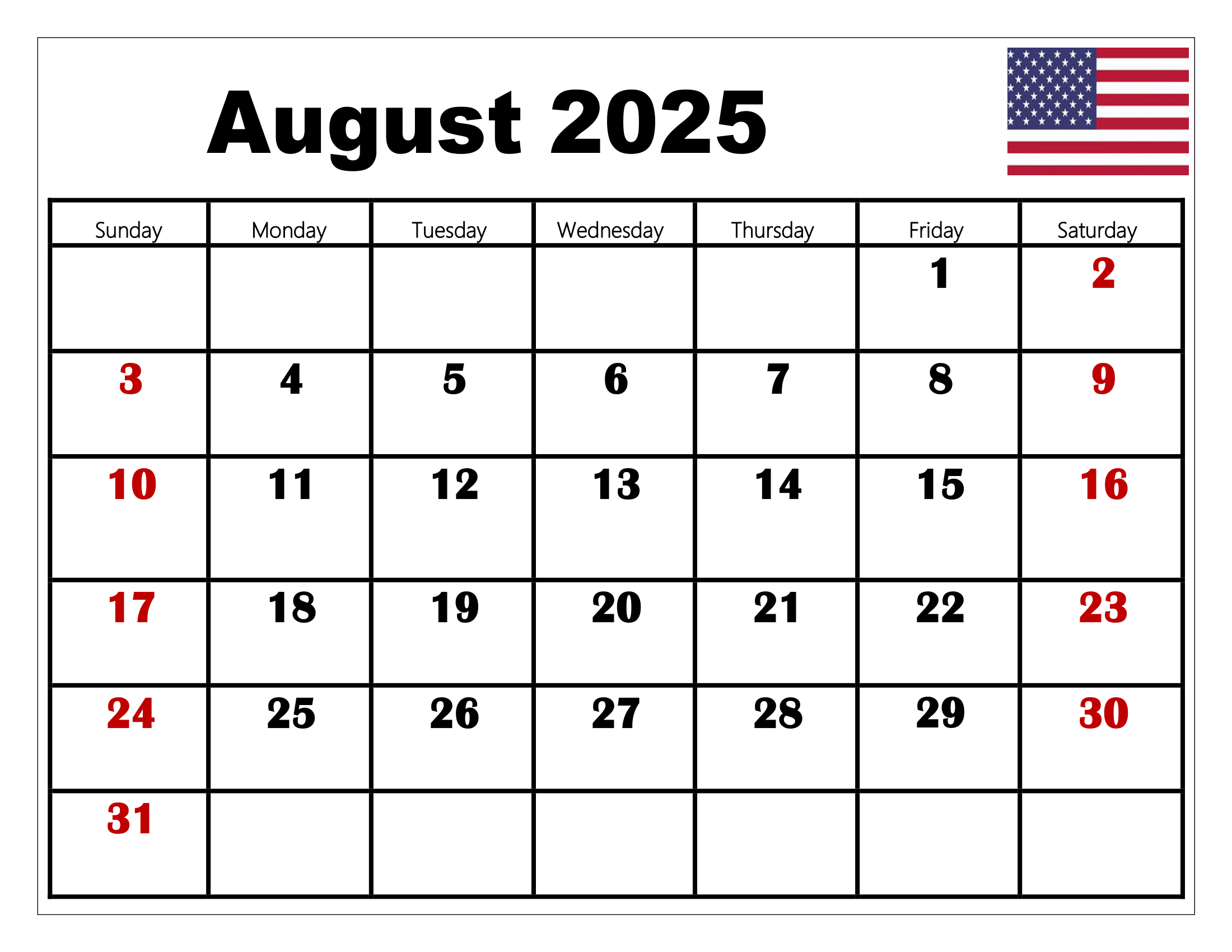 Us Calendar August 2025