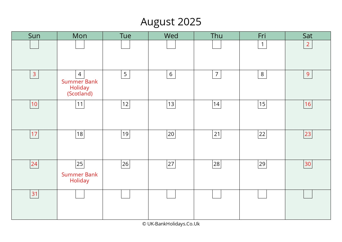 August 2025 Bank Calendar