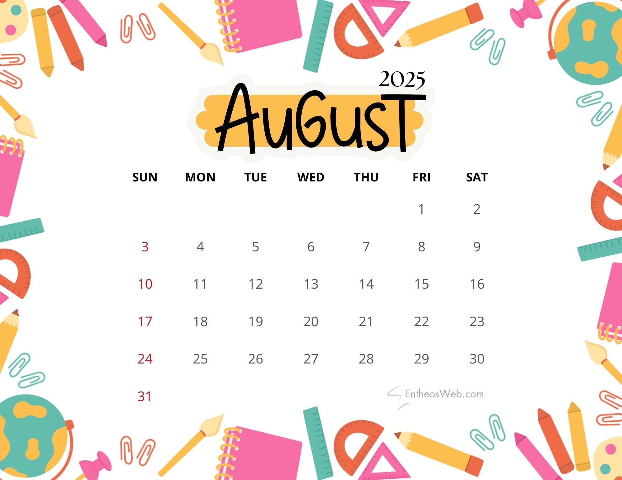 August 2025 Calendar Printables EntheosWeb