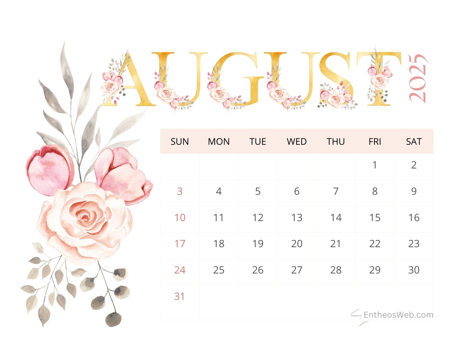 August 2025 Calendar Printables EntheosWeb
