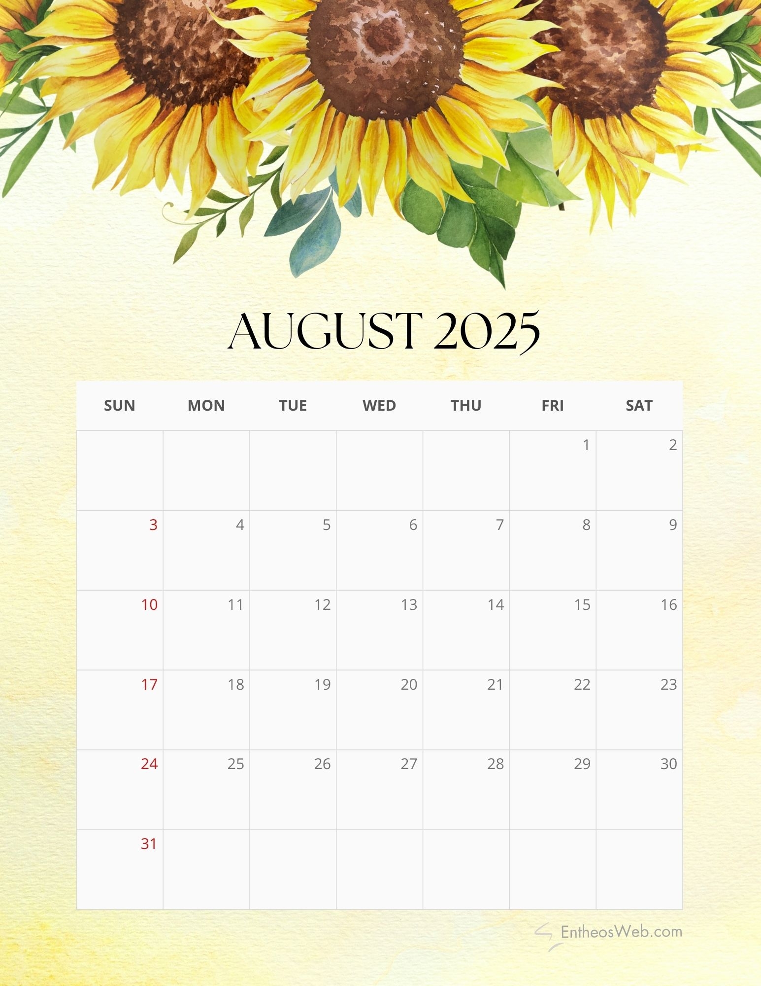 August 2025 Free Printable Calendar Pdf