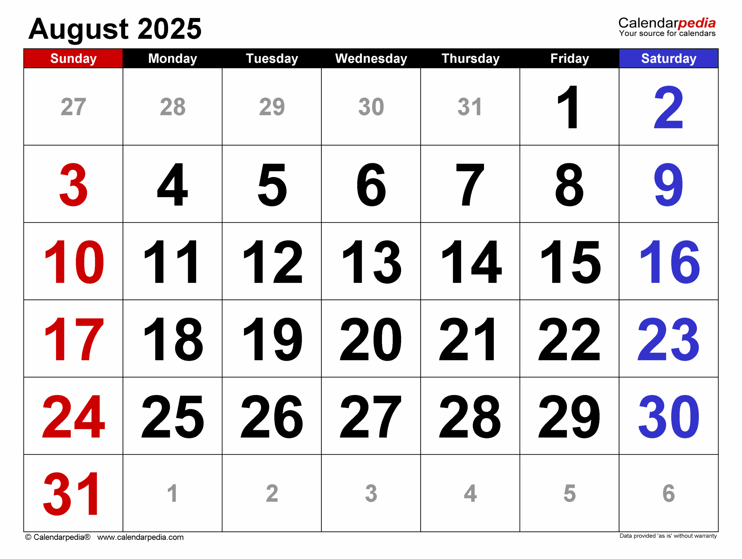 August 2025 Calendar With Important Days
