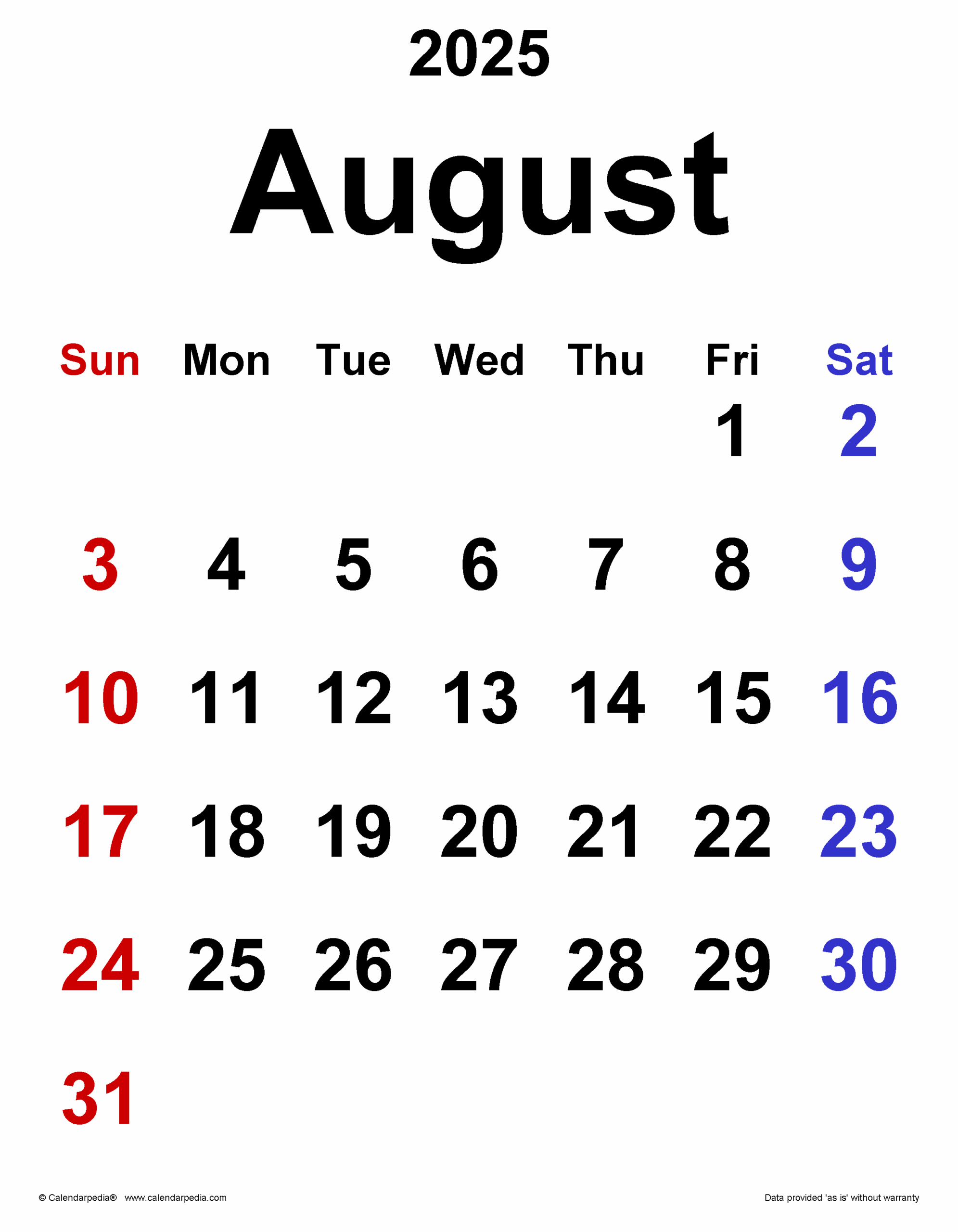 Calendar 2025 August Excel