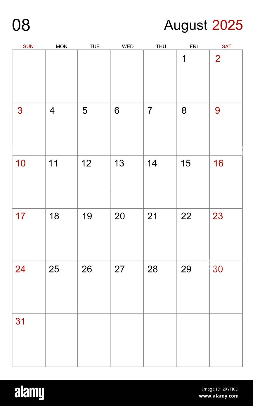 August 2025 Calendar Vertical Template On White Background Stock Photo Alamy August 2025 Calendar Vertical Template On White Background Stock Photo Alamy