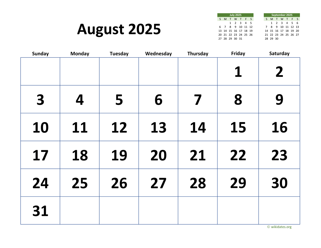 August 2025 Calendar With Extra large Dates WikiDates August 2025 Calendar With Extra large Dates WikiDates