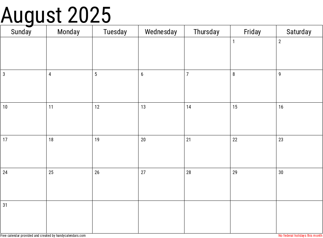 August 2025 Calendar With Holidays Handy Calendars August 2025 Calendar With Holidays Handy Calendars