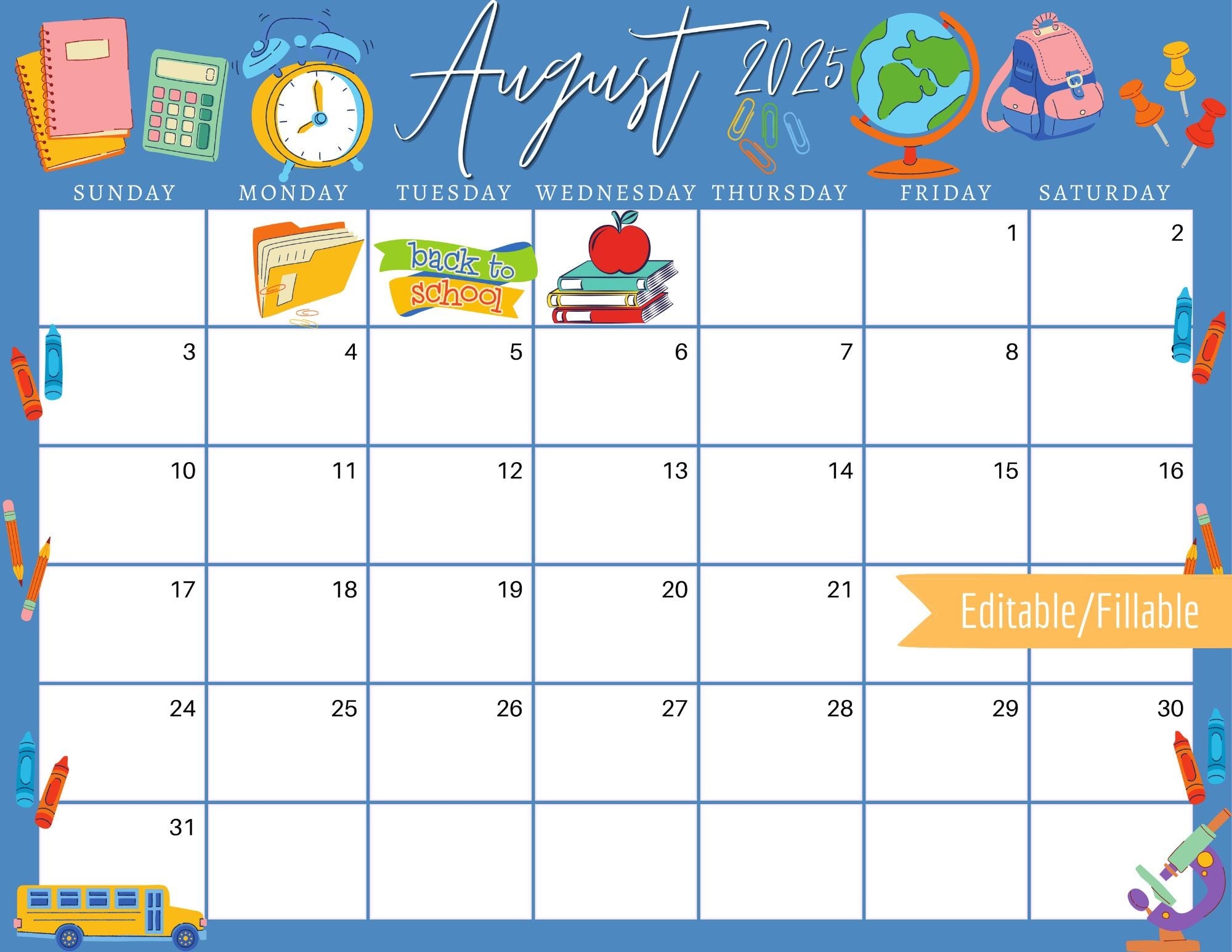 August 2025 Digital Calendar Back To School Planner Editable Fillable Printable Calendar For Planning PDF PNG And JPG Download Etsy UK