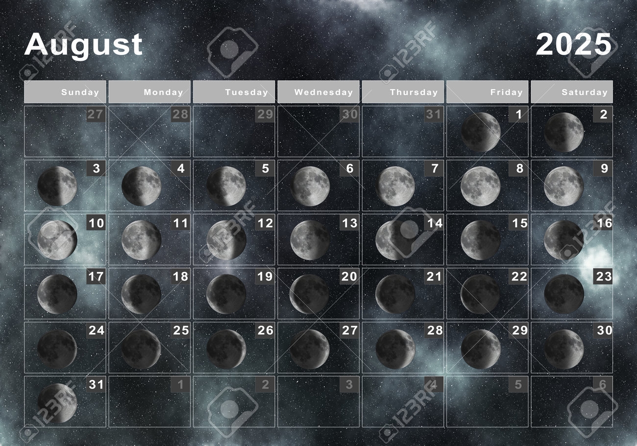 August 2025 Lunar Calendar Moon Cycles Moon Phases Stock Photo August 2025 Lunar Calendar Moon Cycles Moon Phases Stock Photo