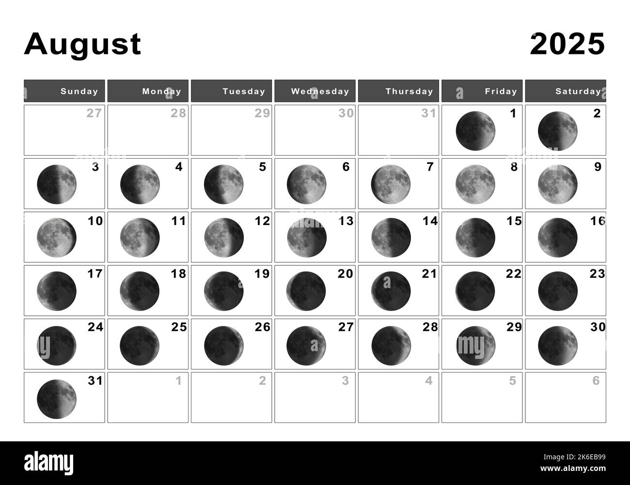 August 2025 Lunar Calendar Moon Cycles Moon Phases Stock Photo August 2025 Lunar Calendar Moon Cycles Moon Phases Stock Photo