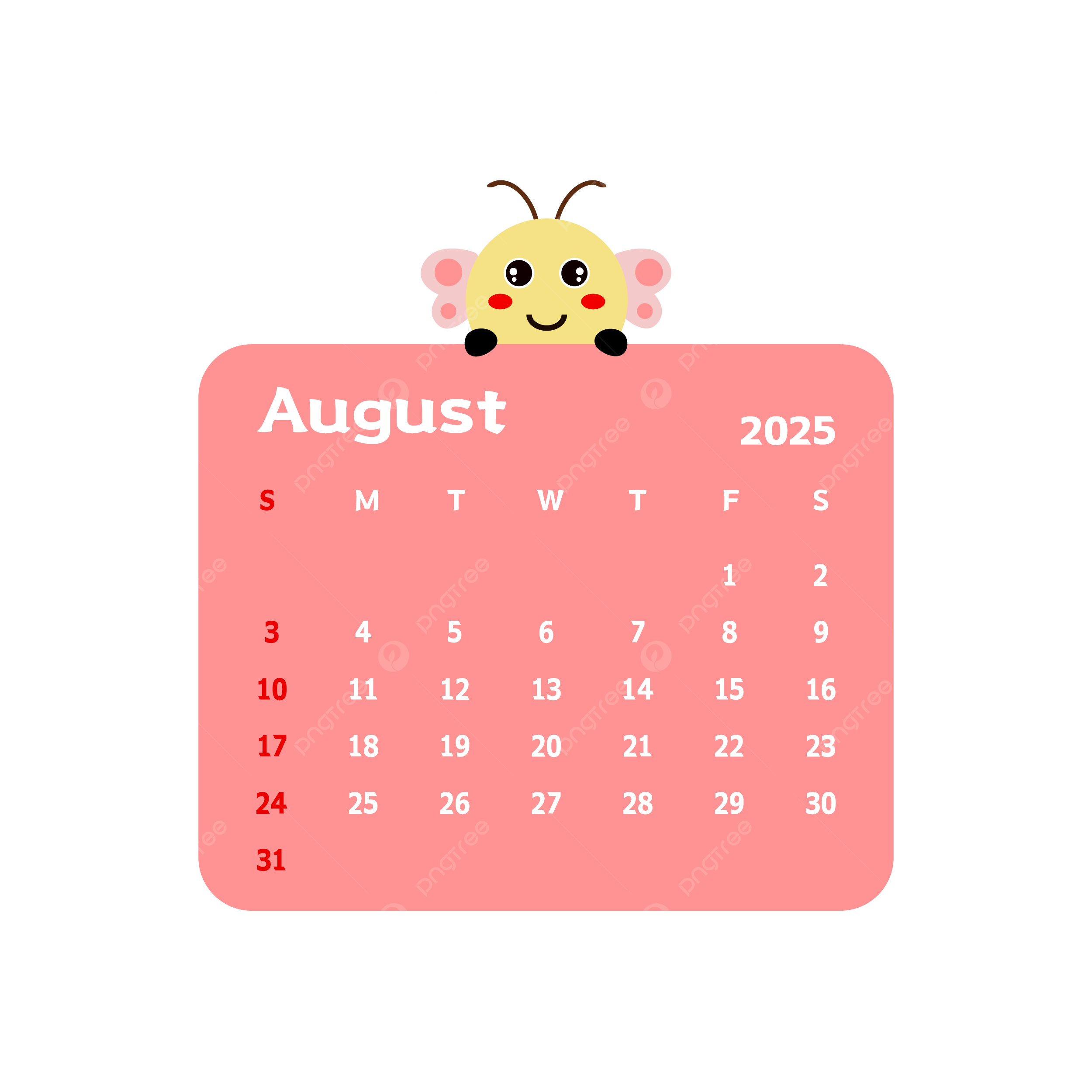 August 2025 Monthly Calendar With Cartoon Butterfly Vector Butterfly Clipart Calendar Clipart Cartoon Clipart PNG And Vector With Transparent Background For Free Download