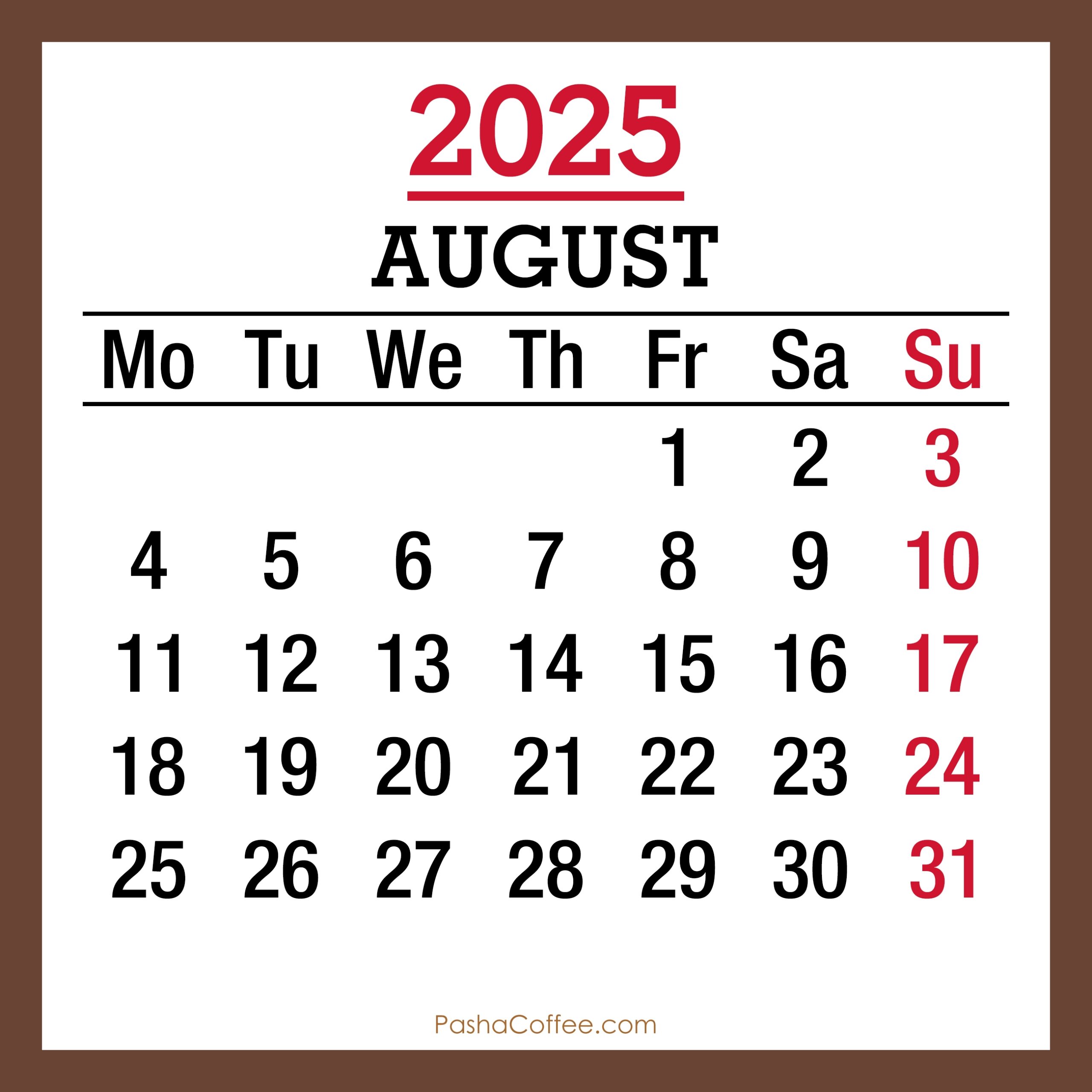 August Calendar 2025 Days