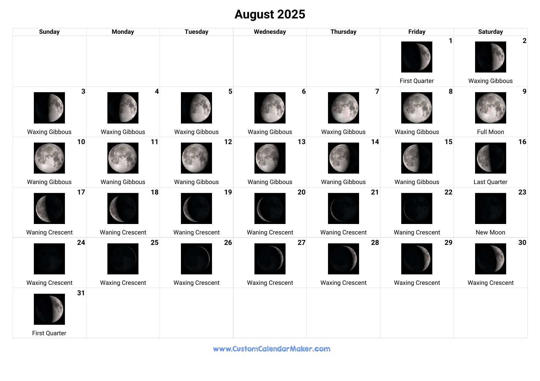 August 2025 Moon Phases Calendar Custom Calendar Maker August 2025 Moon Phases Calendar Custom Calendar Maker