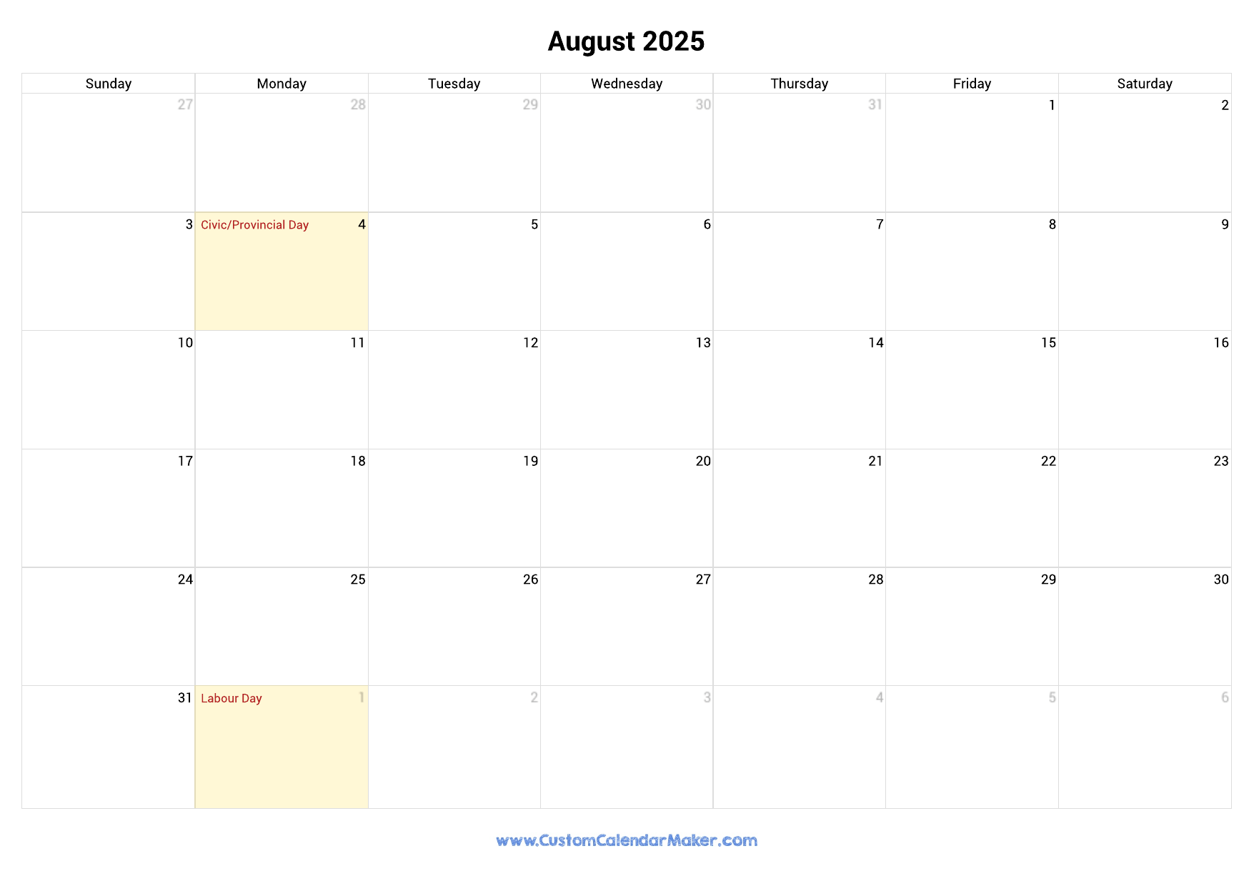 August Calendar 2025 Canada Pdf Printable
