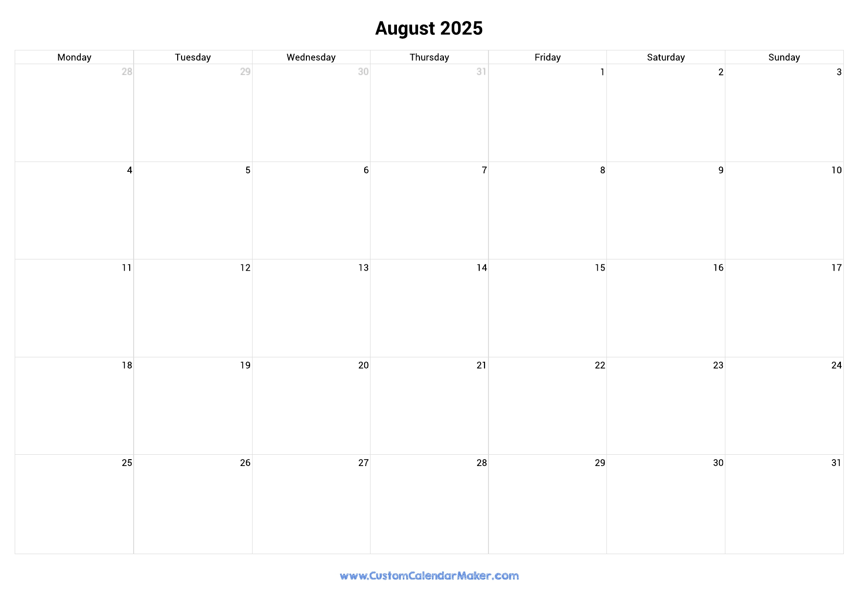 August 2025 Printable Calendar With UK Bank Holidays Custom Calendar Maker