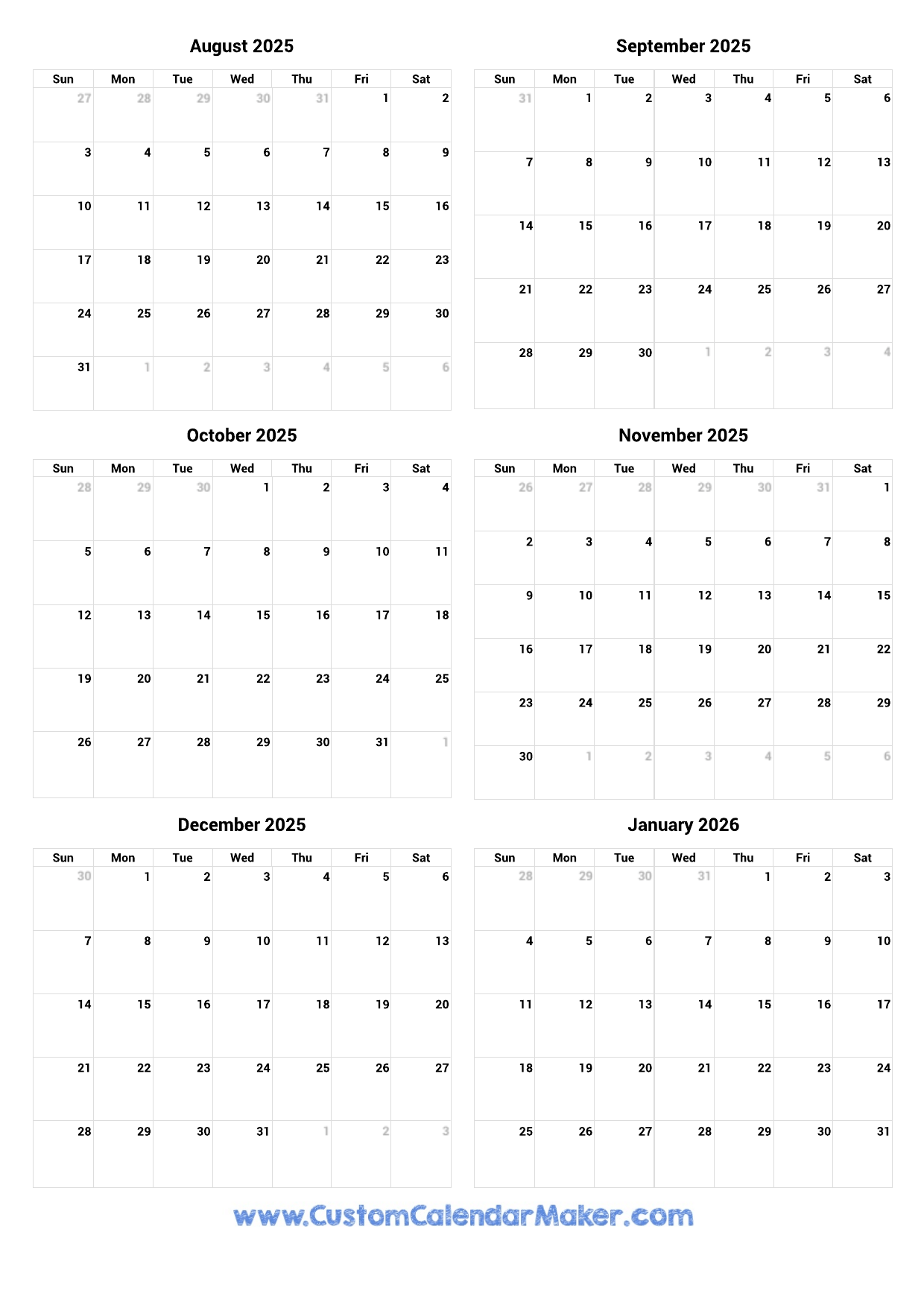 August 2025 To January 2026 Printable Calendar Custom Calendar Maker August 2025 To January 2026 Printable Calendar Custom Calendar Maker