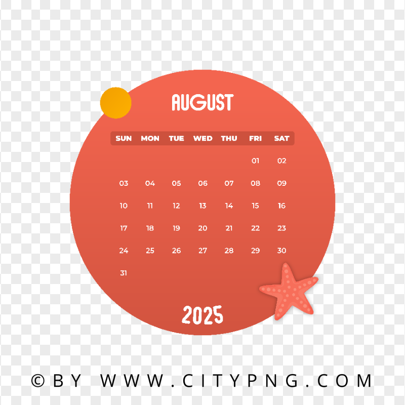 August 2025 Vector Summer Monthly Calendar Citypng