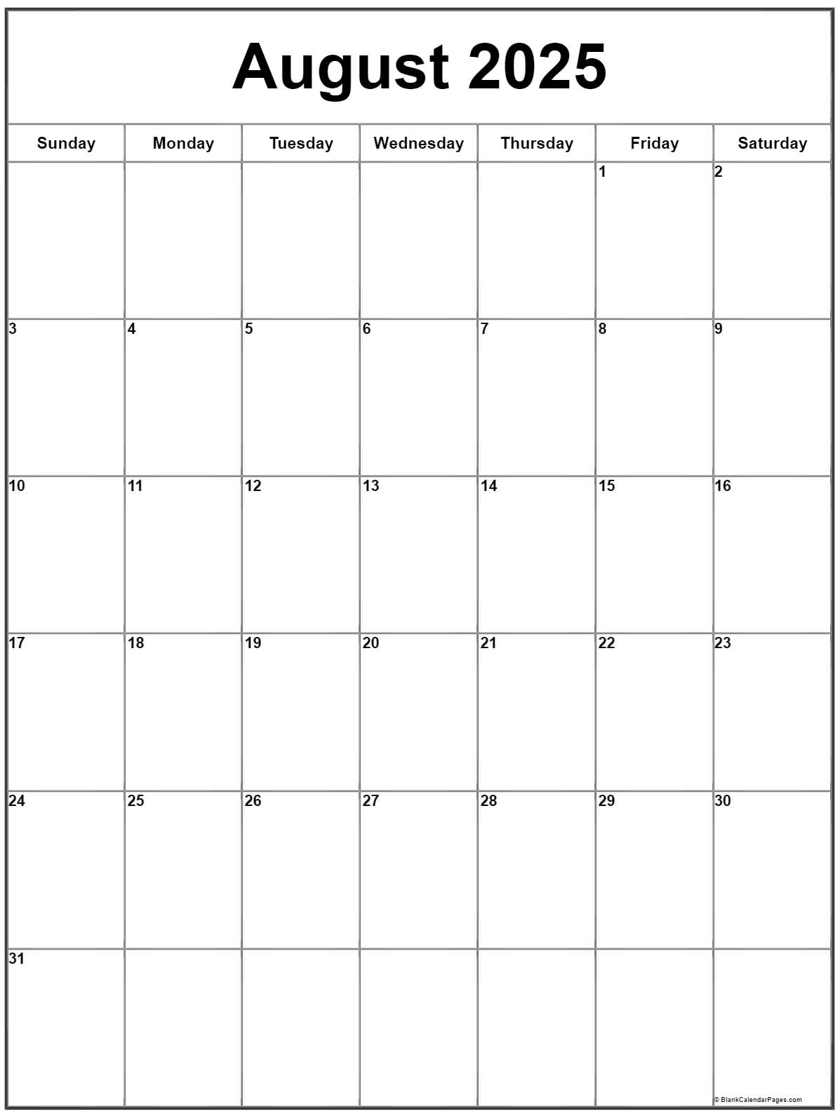 Vertical August 2025 Calendar