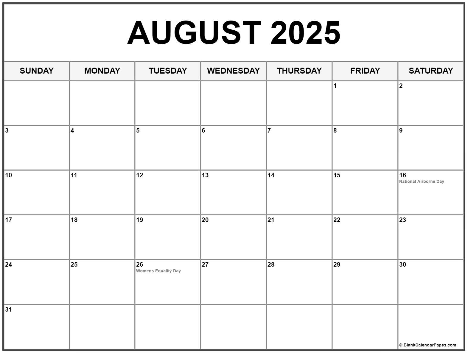 August 2025 With Holidays Calendar