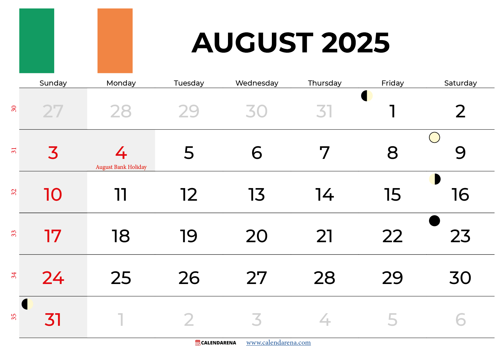 August Calendar 2025 Ireland With Holidays August Calendar 2025 Ireland With Holidays