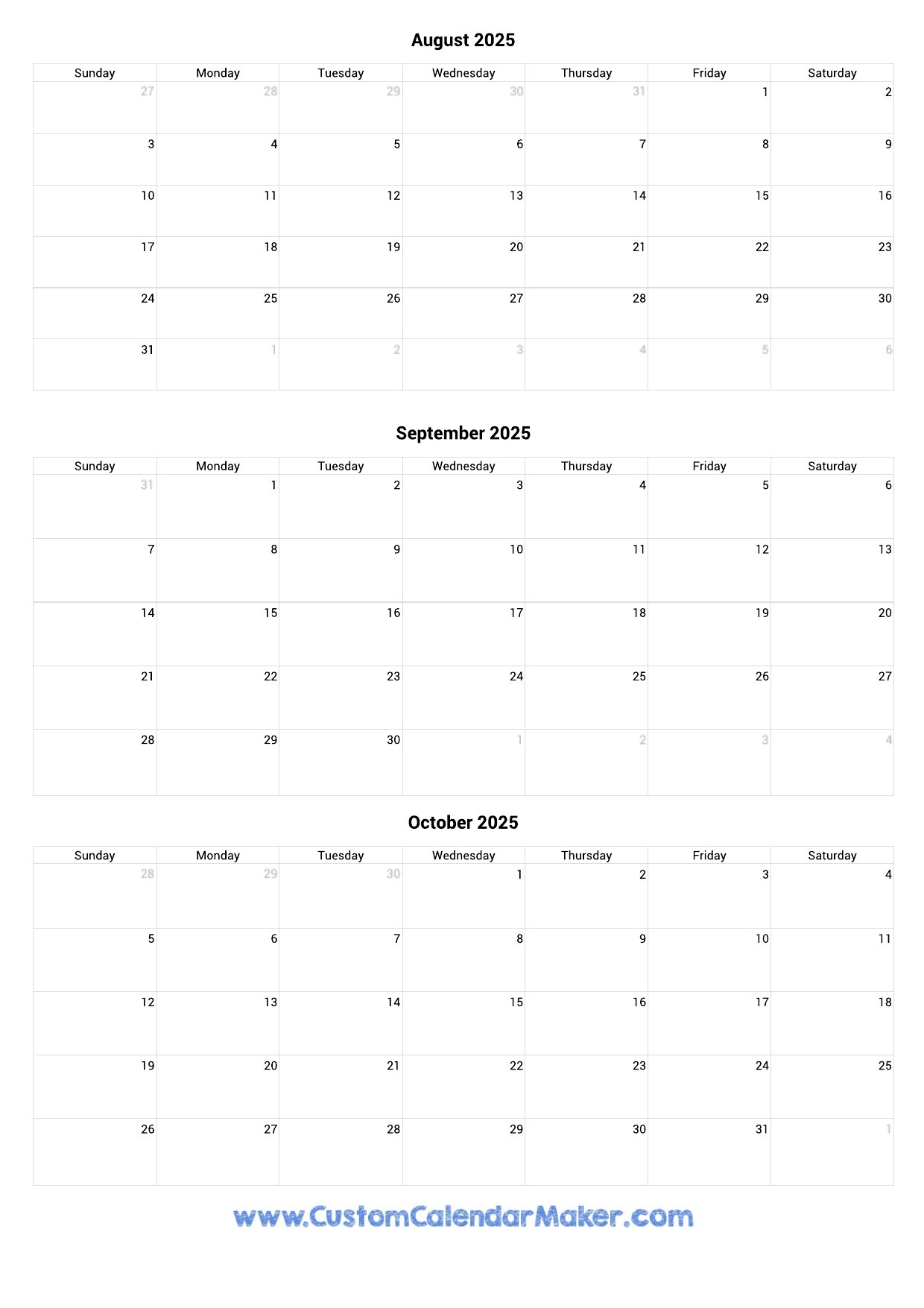 August September October Calendar 2025 Printable