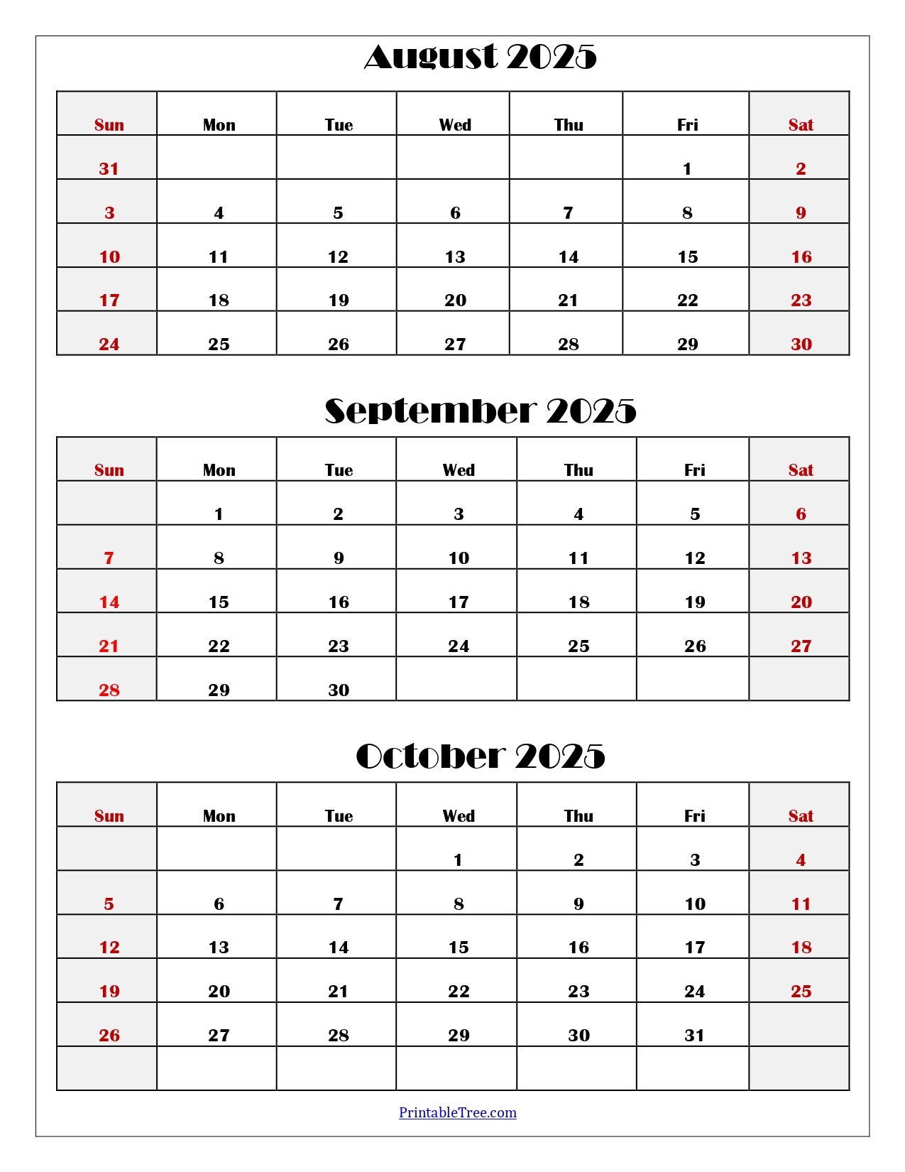August To October 2025 Calendar Printable PDF Three Months Calendar