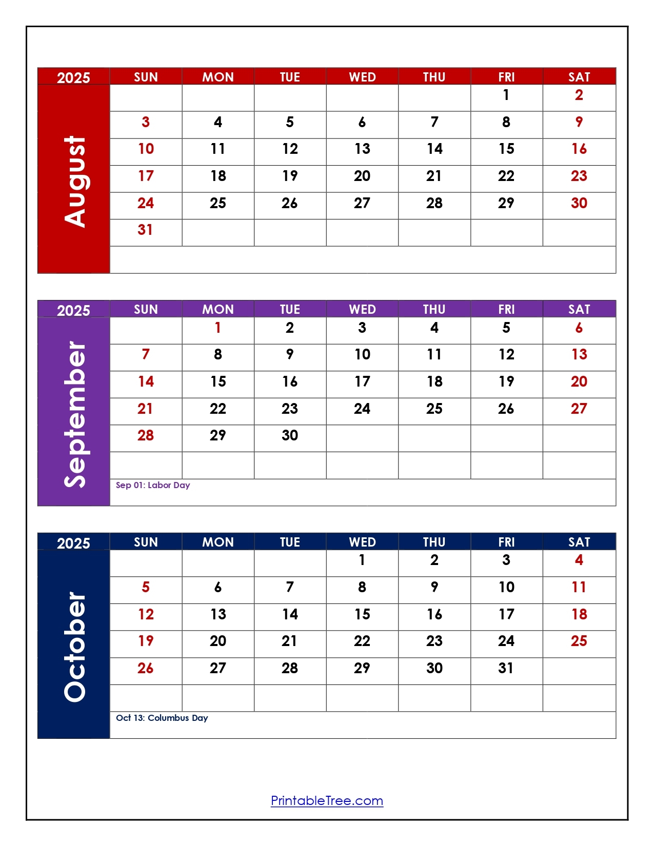 August To October 2025 Calendar Printable PDF Three Months Calendar