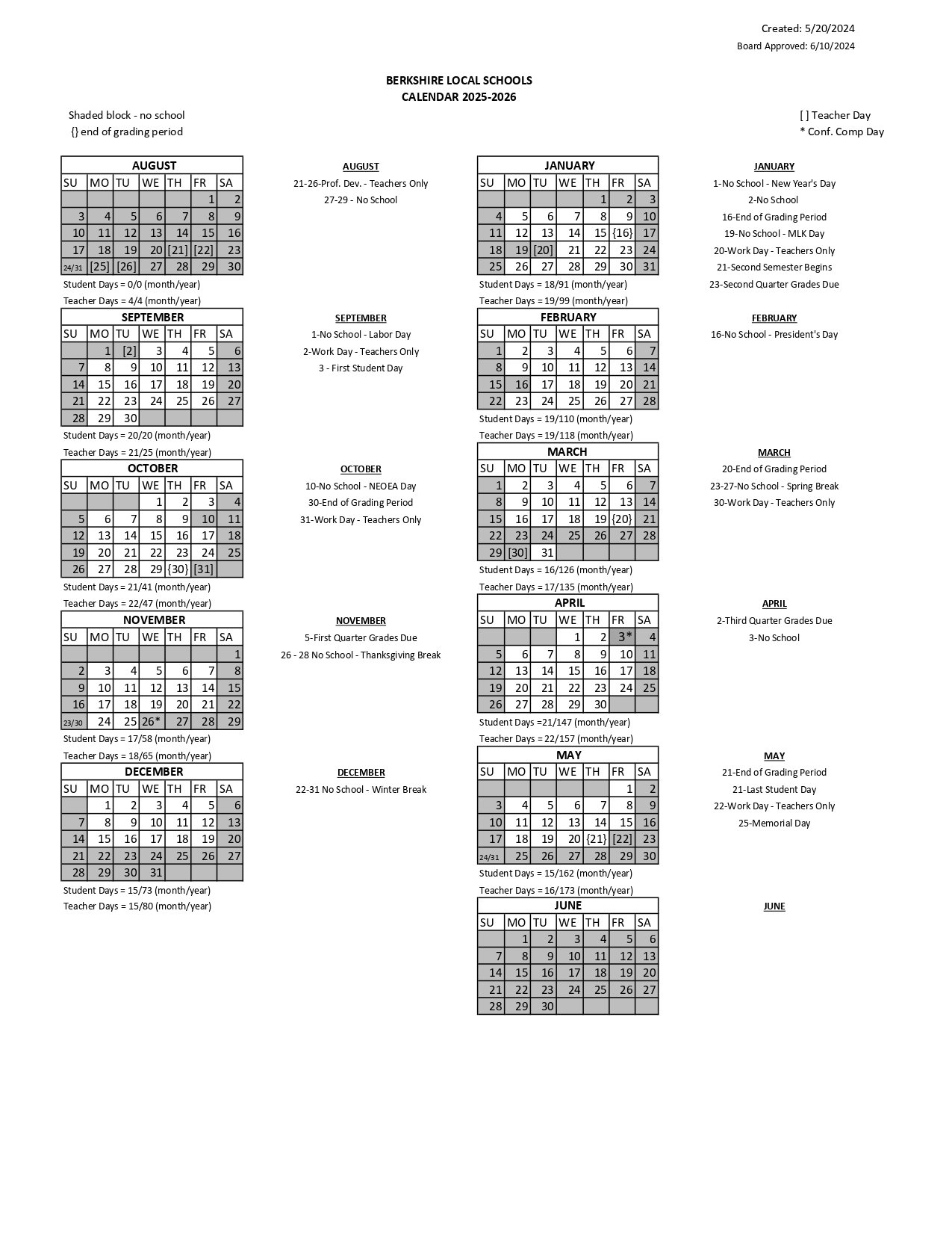 Berkshire Local School District Calendar 25 26 Revised PDF
