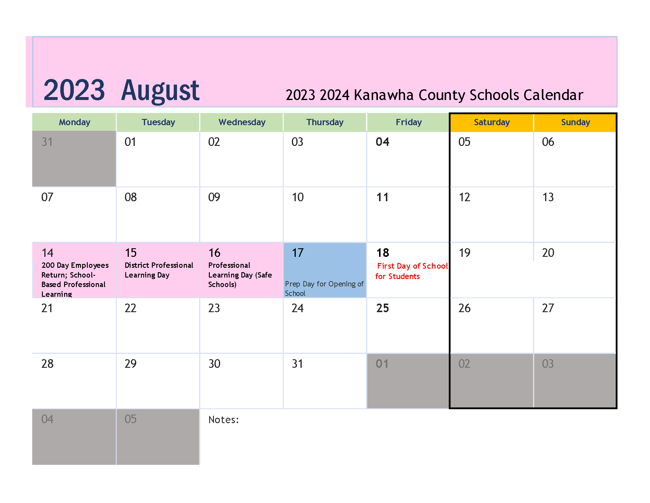 Board Approved 2023 2024 Calendar Kanawha County Schools