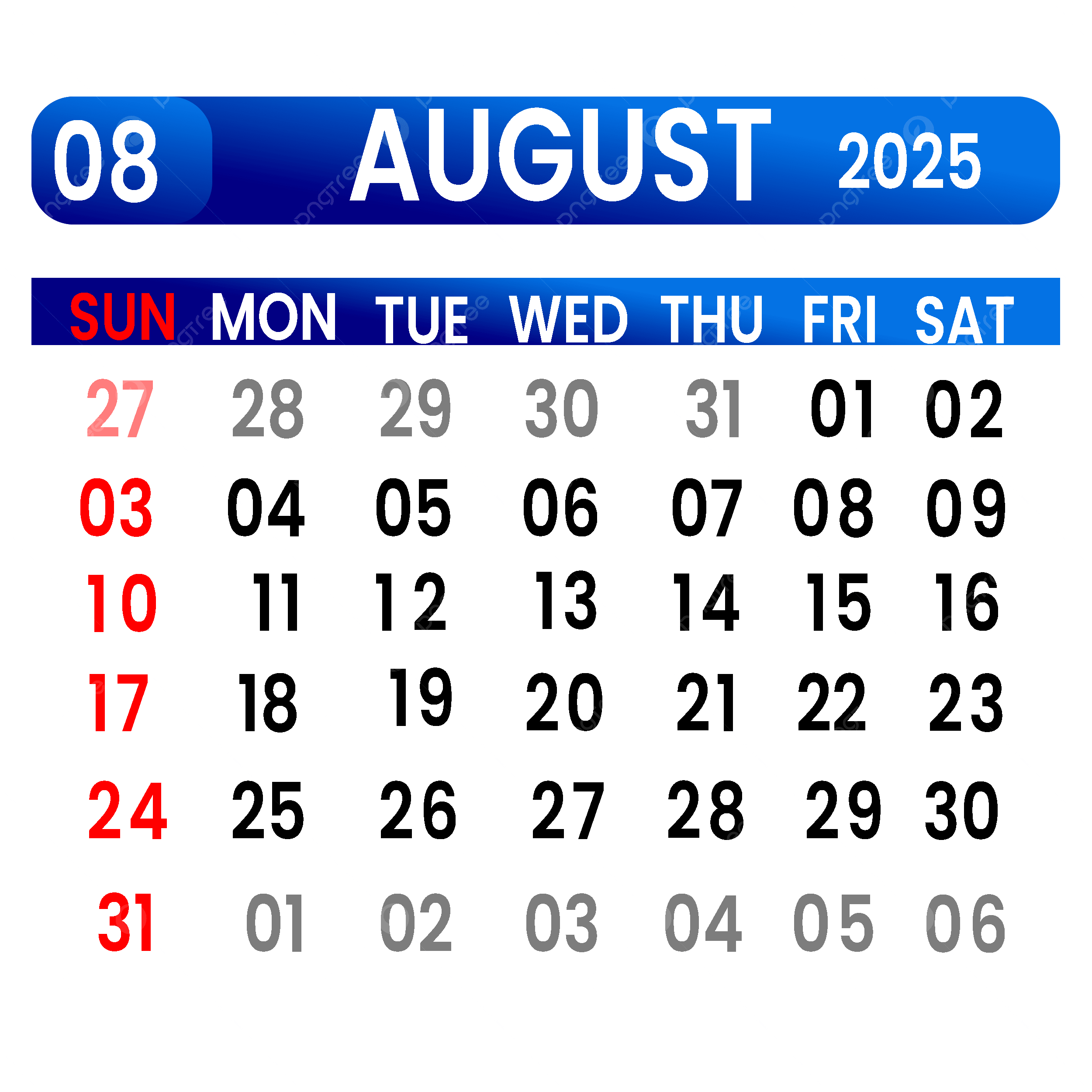 Calendar August 2025 Calendar August 2025 PNG Transparent Clipart Image And PSD File For Free Download