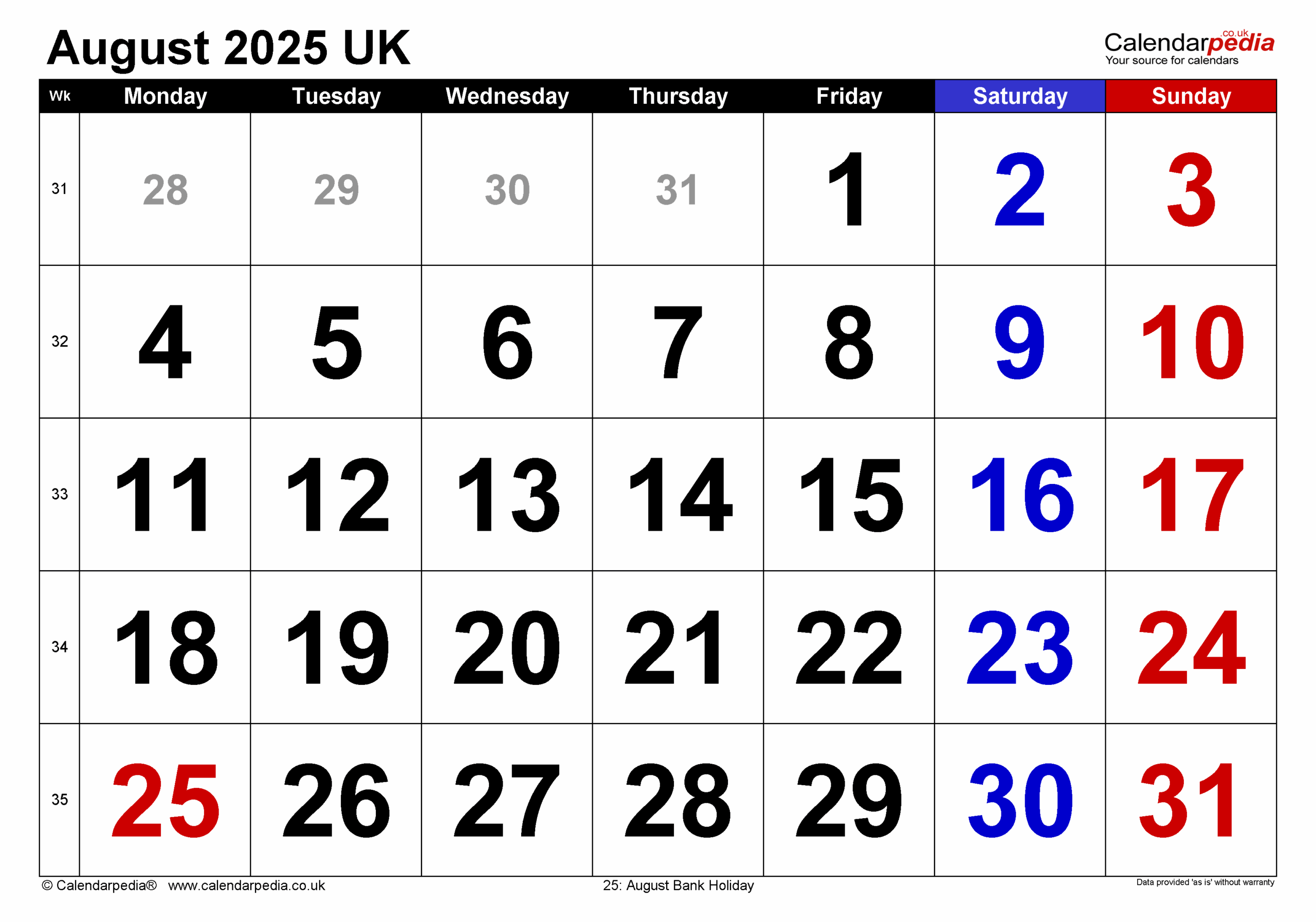 August National Calendar 2025