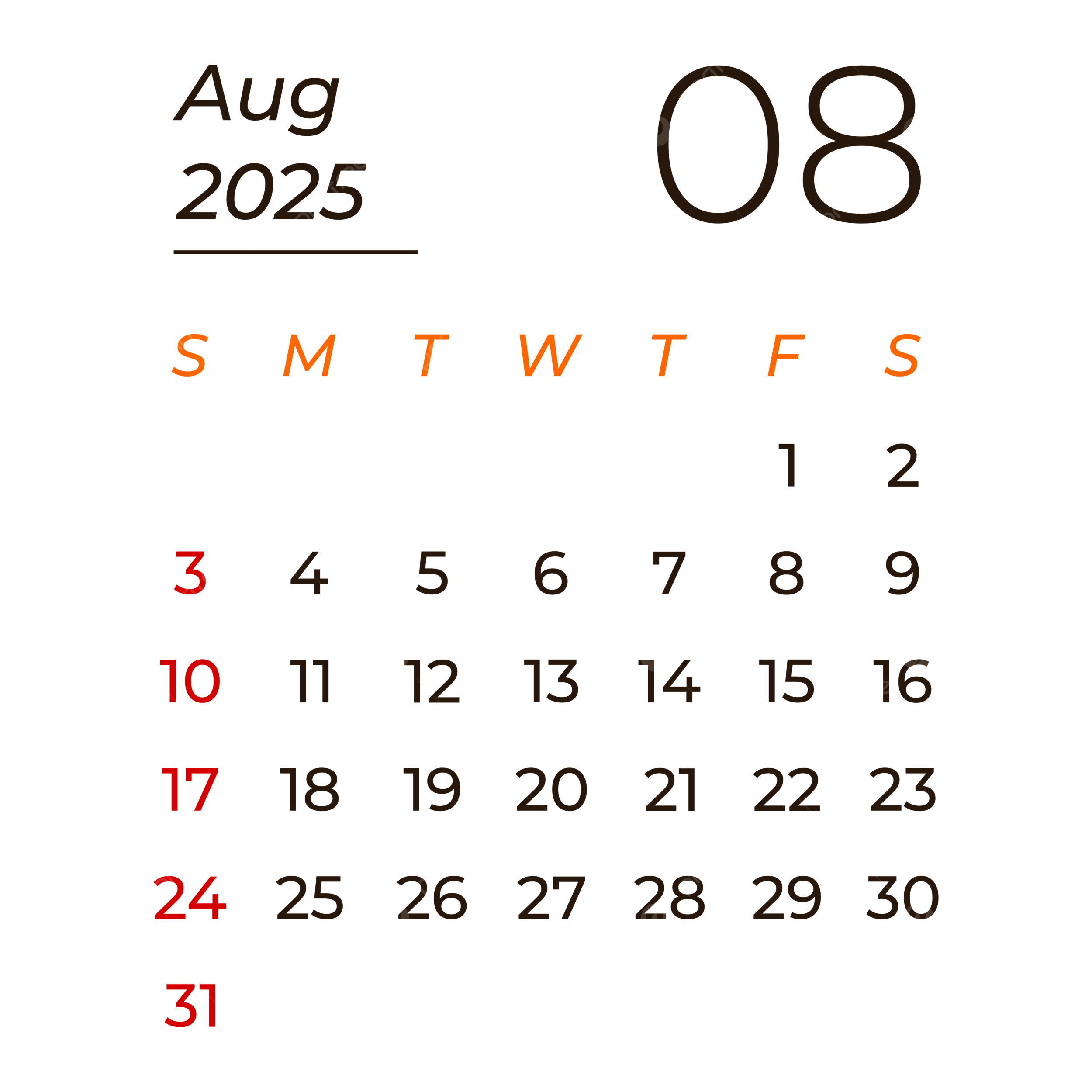 Calendar August 2025 Vector August 2025 Calendar 2025 Calendar August PNG And Vector With Transparent Background For Free Download