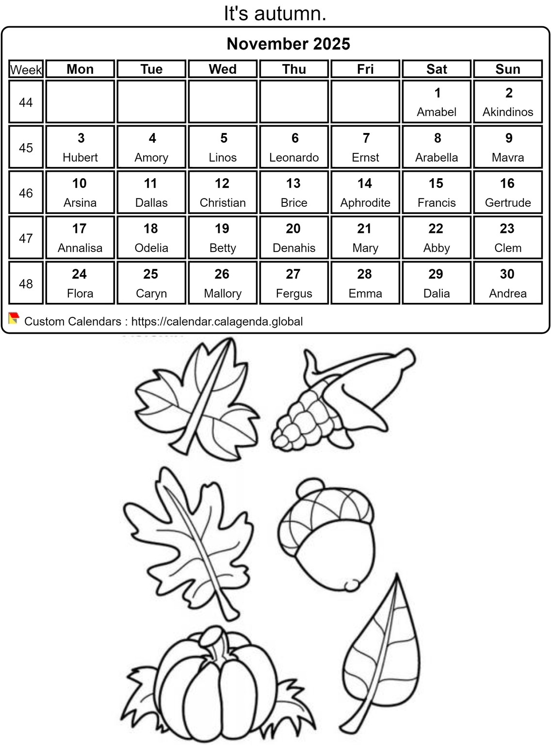 November Coloring Calendar 2025
