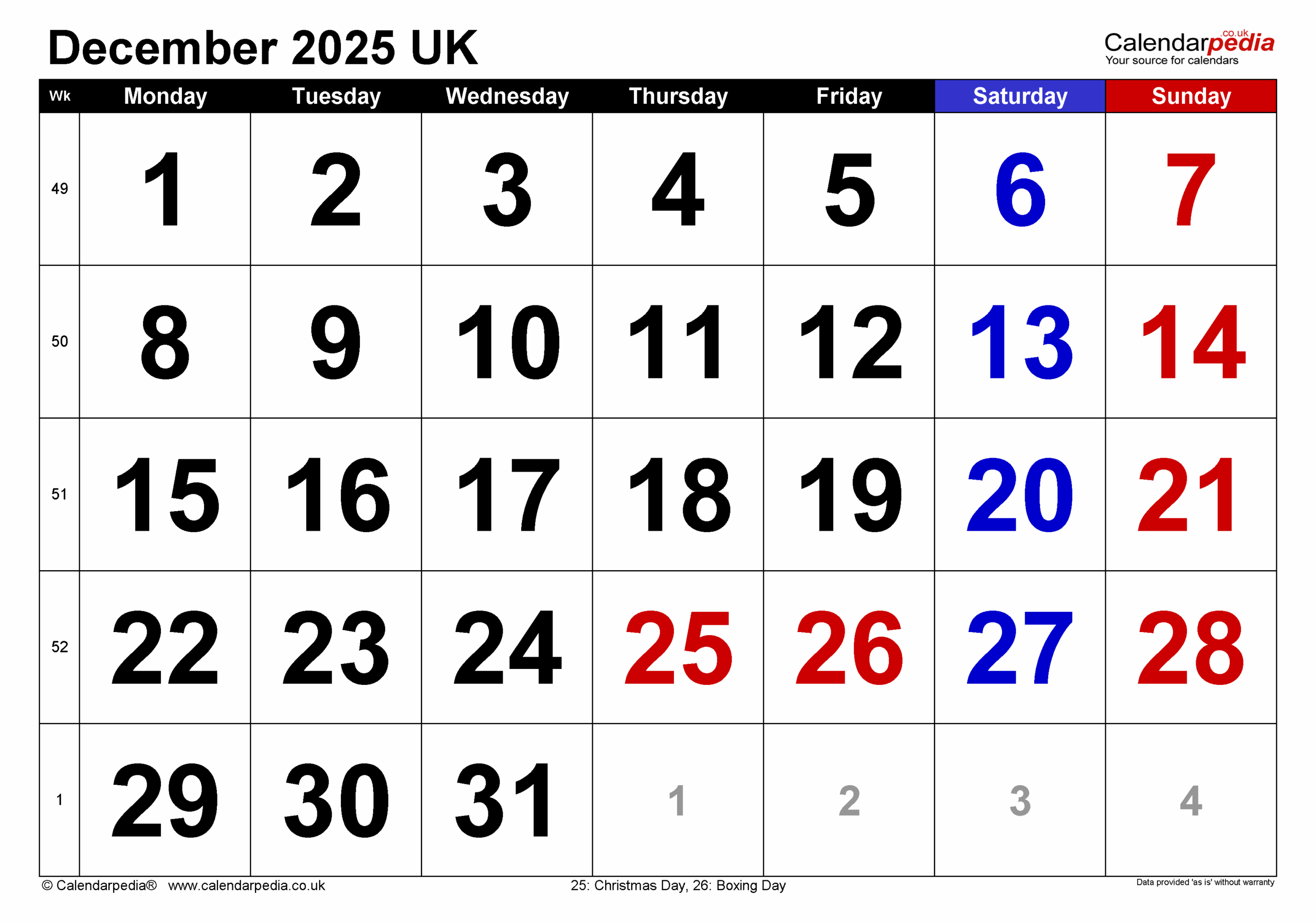 2025 December Holidays Calendar