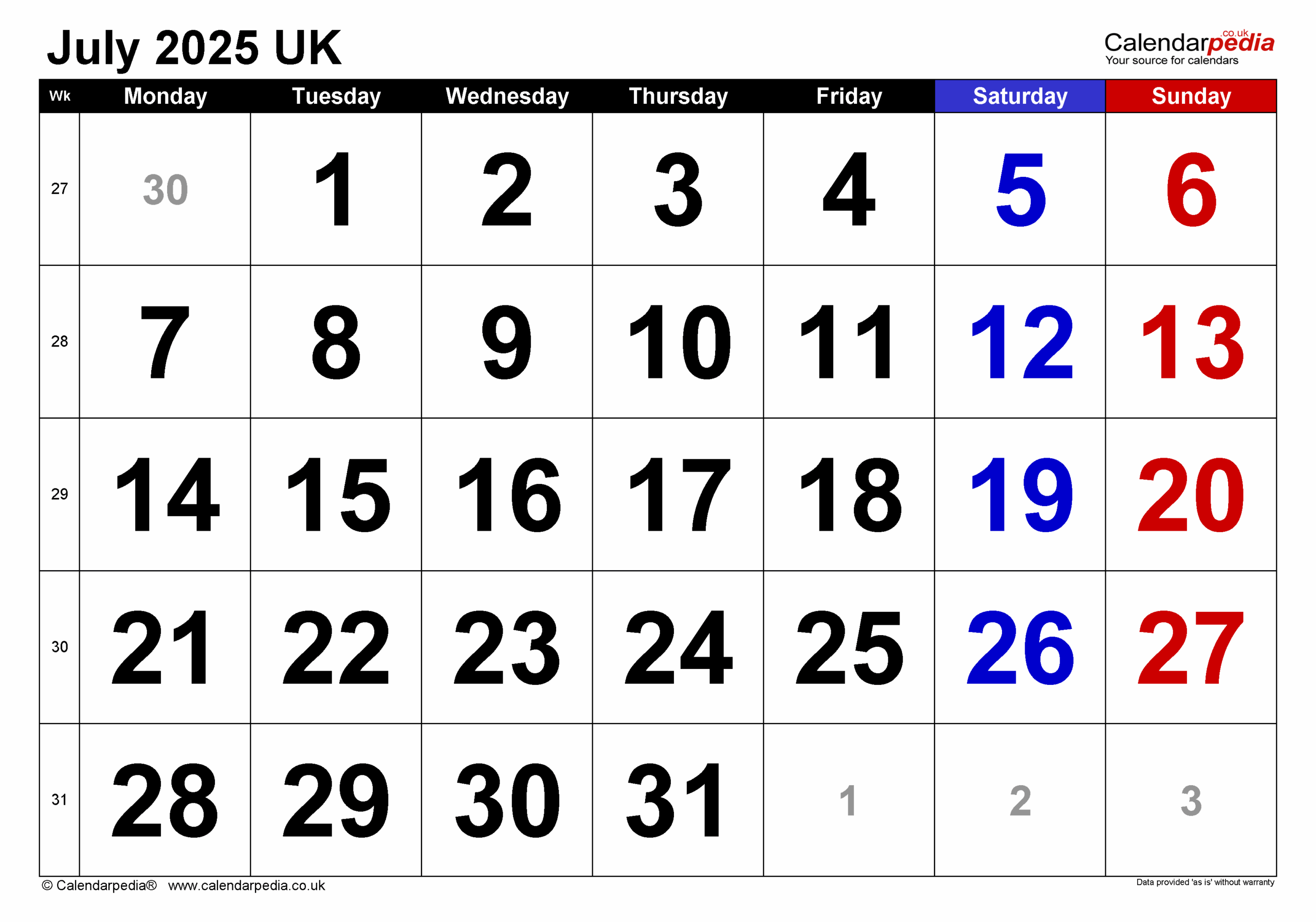 Calendar July 2025 UK With PDF Excel And Word Templates