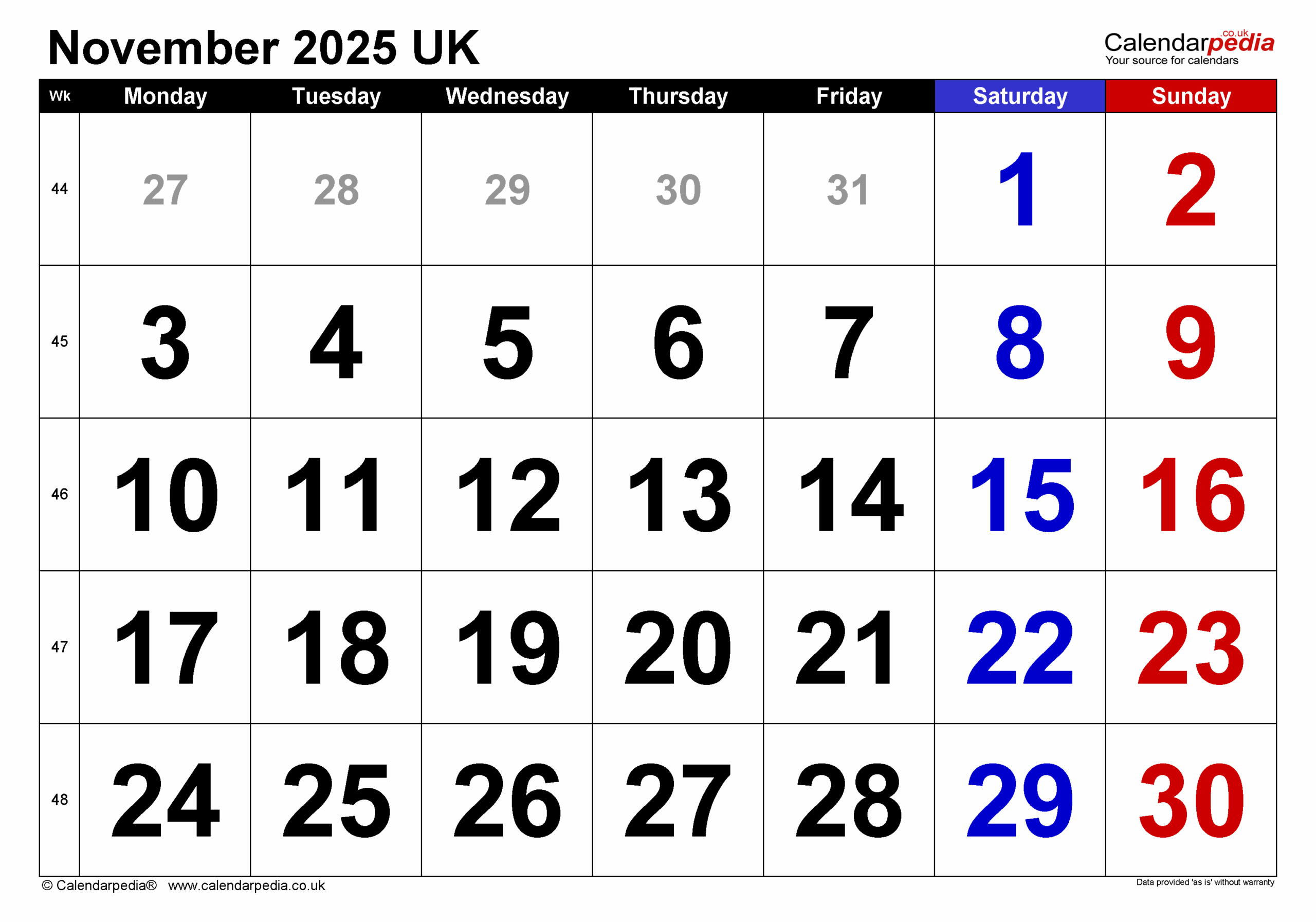 Calendar November 2025 UK With PDF Excel And Word Templates
