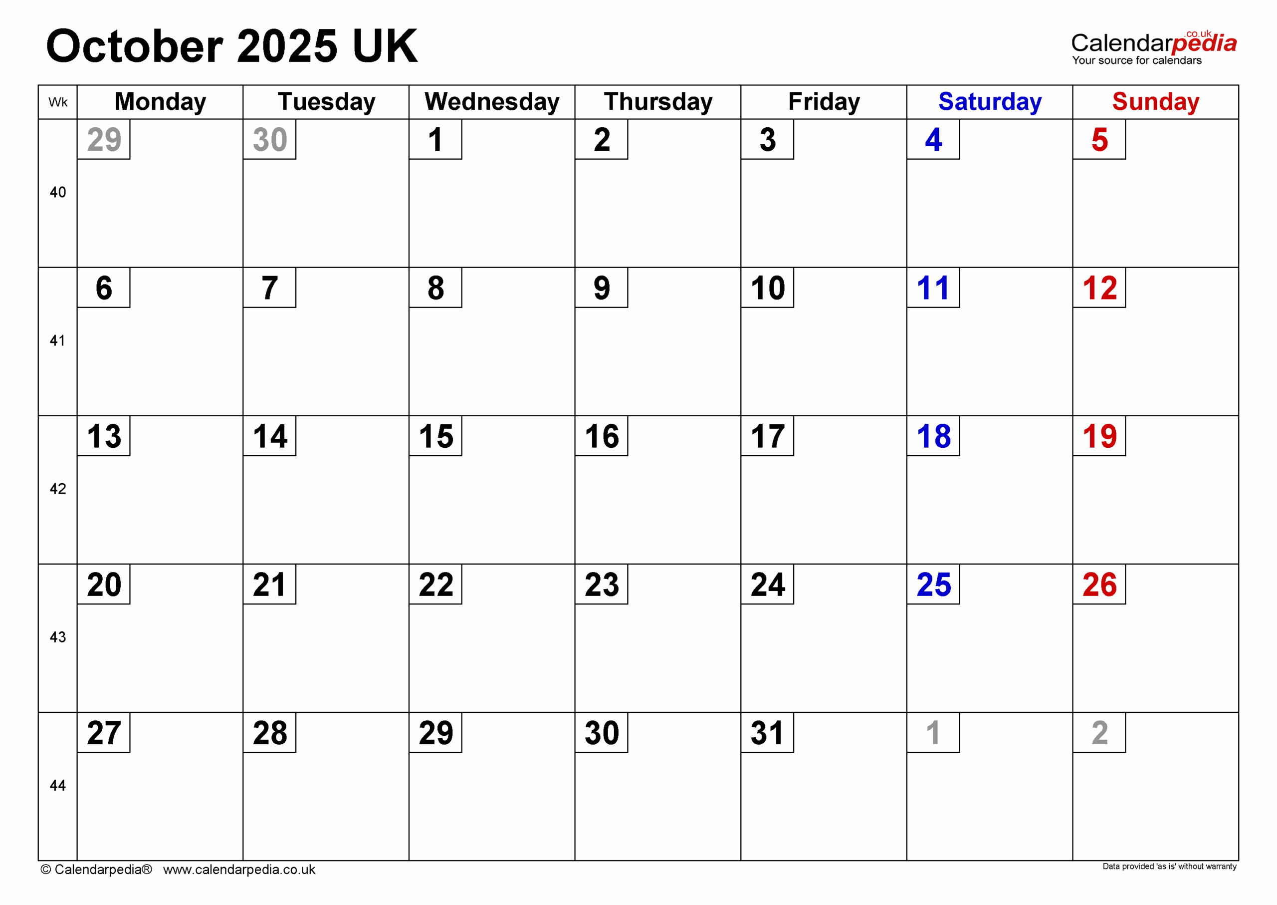 Calendar October 2025 UK With PDF Excel And Word Templates