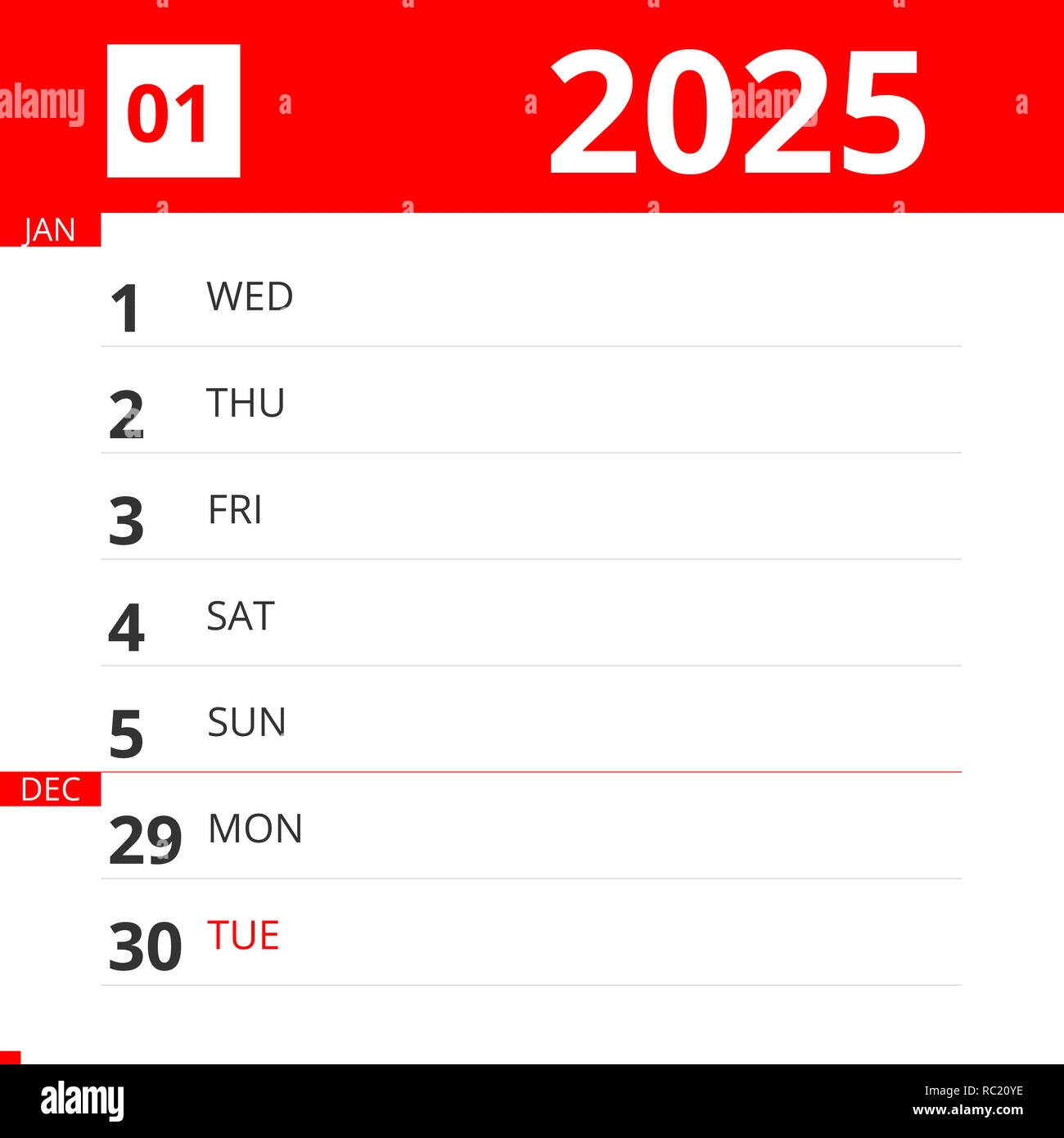 Calendar Planner For Week 01 In 2025 Ends December 31 2025 Stock Photo Alamy Calendar Planner For Week 01 In 2025 Ends December 31 2025 Stock Photo Alamy