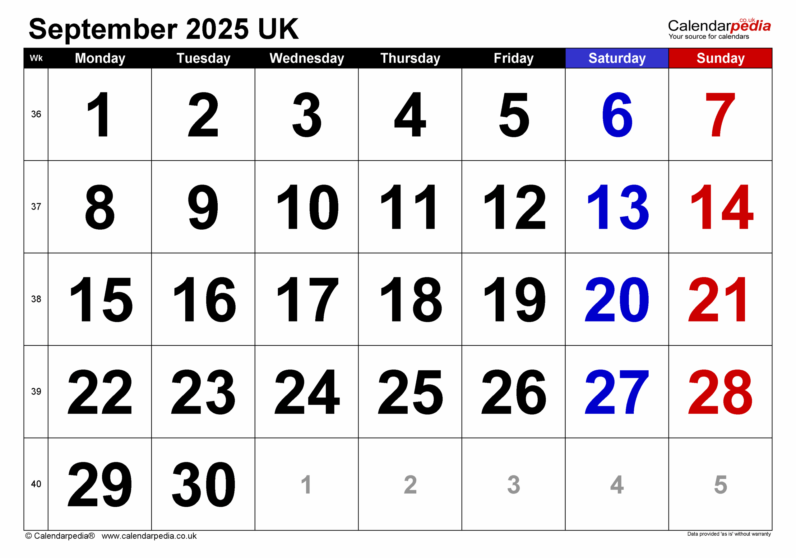 September Calendar Excel 2025