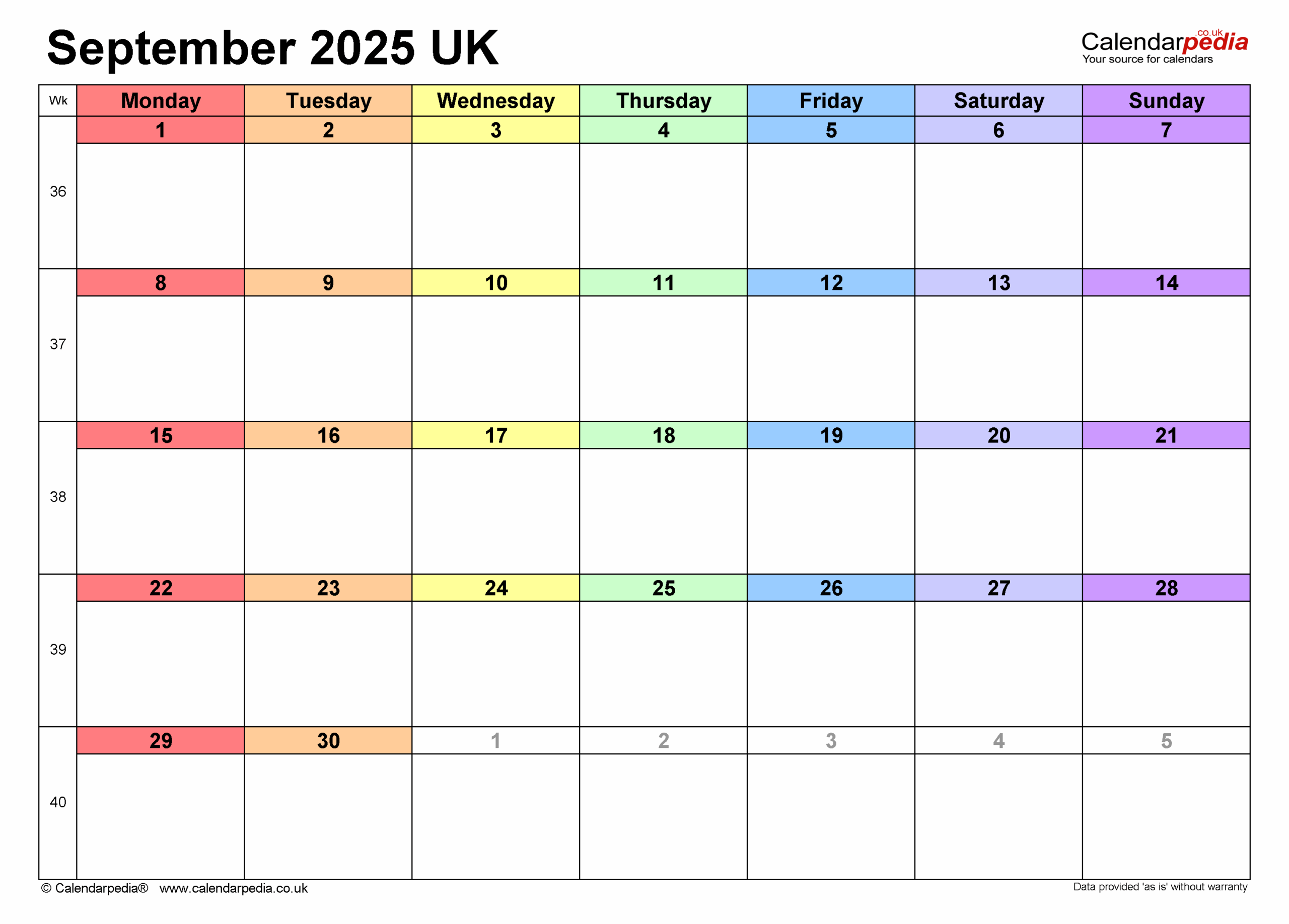 September Excel Calendar 2025