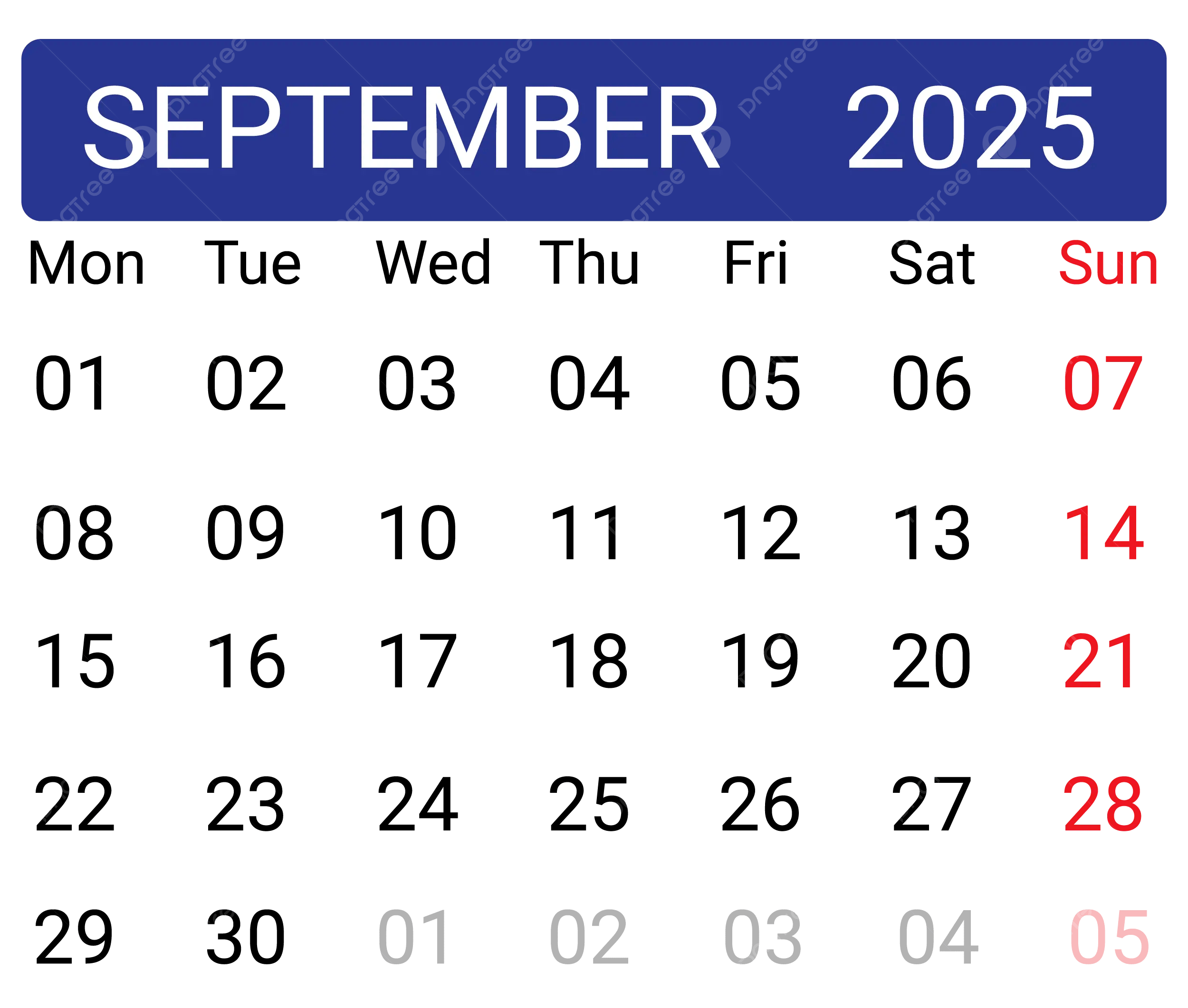 Calendar September 2025 Vector Calendar 2025 September 2025 Monthly PNG And Vector With Transparent Background For Free Download
