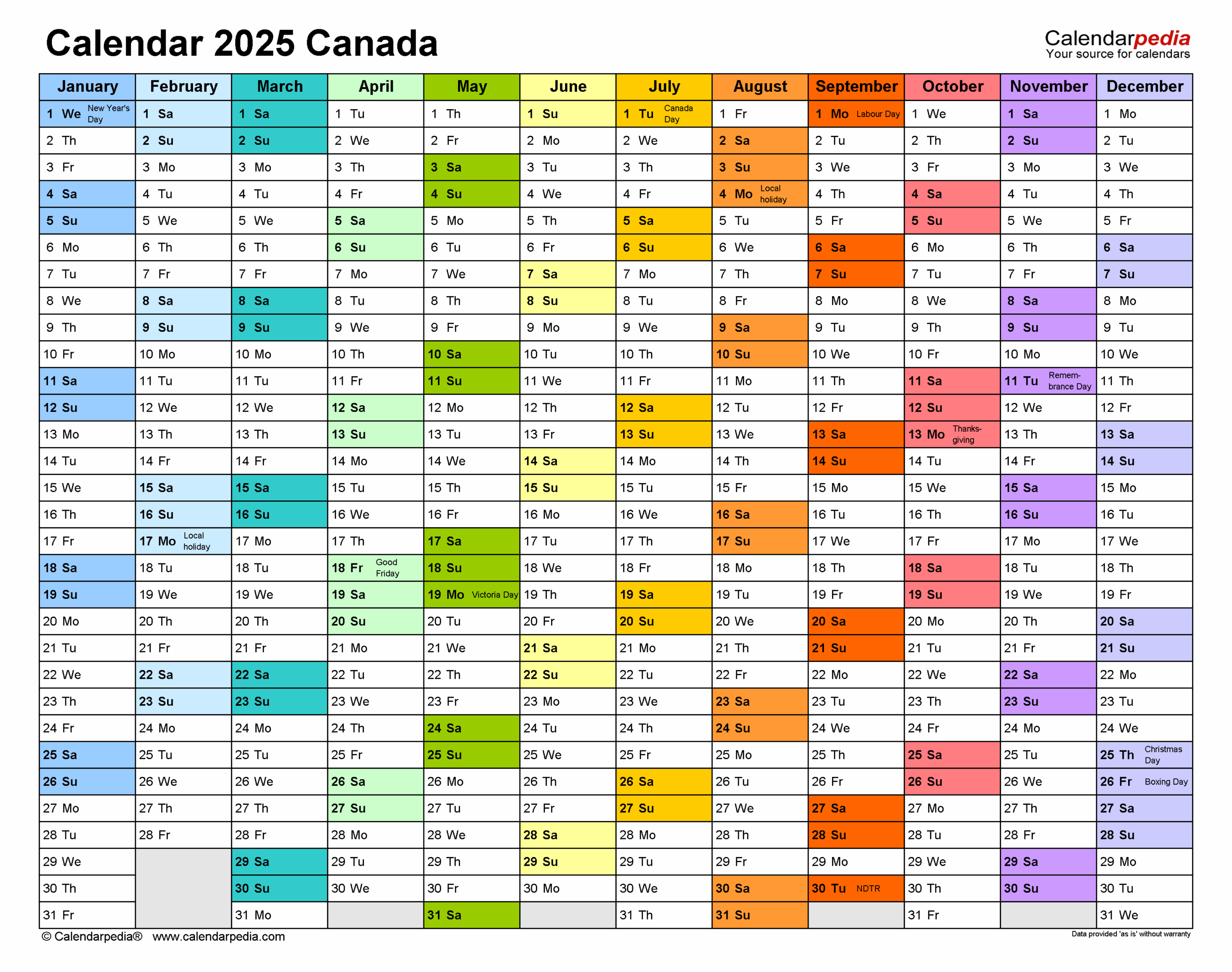 Canada Calendar 2025 Free Printable PDF Templates